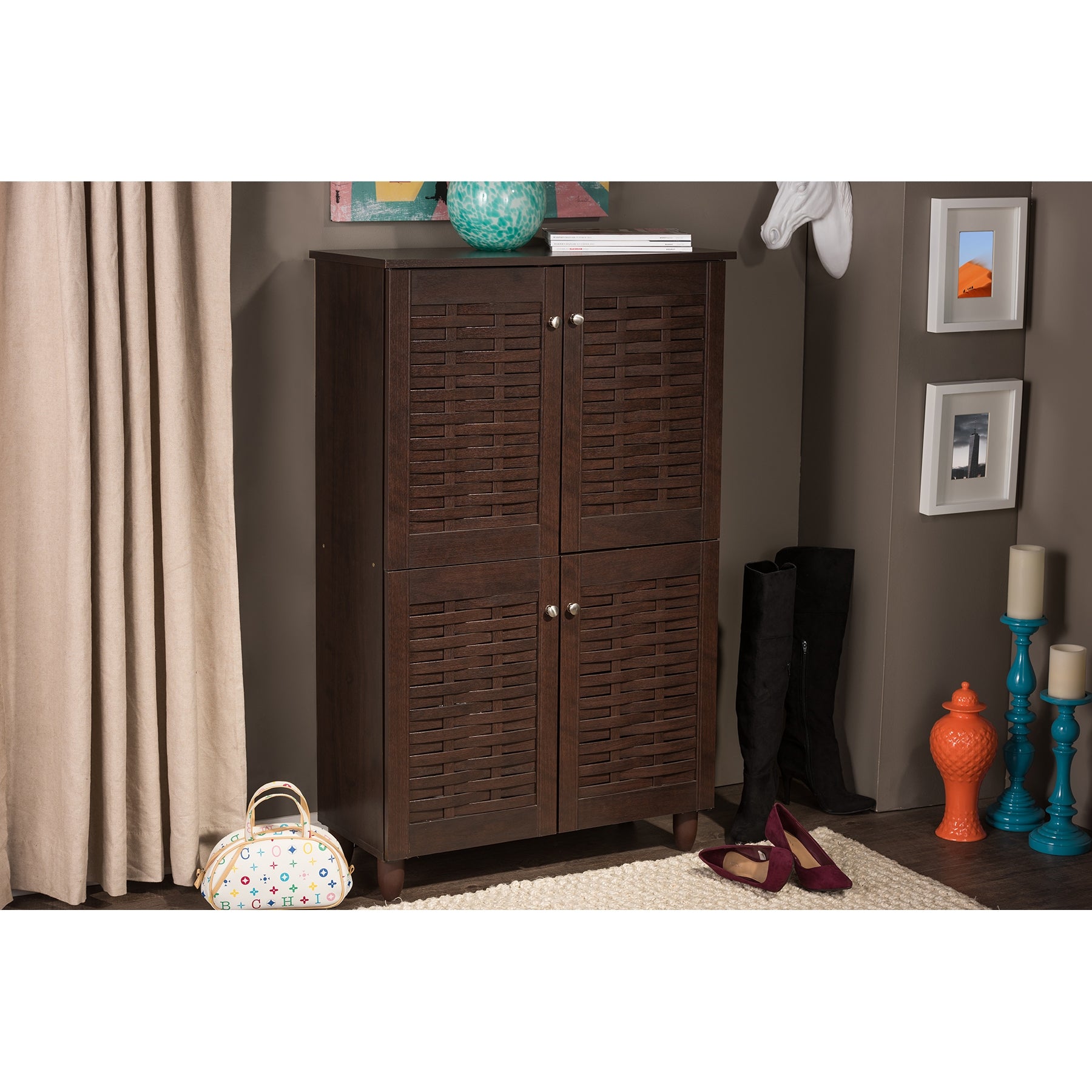 Baxton Studio Winda Modern and Contemporary 4-Door Dark Brown Wooden Entryway Shoes Storage Cabinet