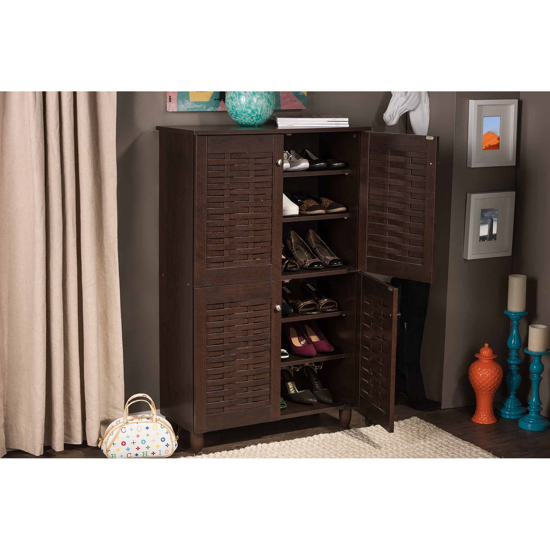 Baxton Studio Winda Modern and Contemporary 4-Door Dark Brown Wooden Entryway Shoes Storage Cabinet