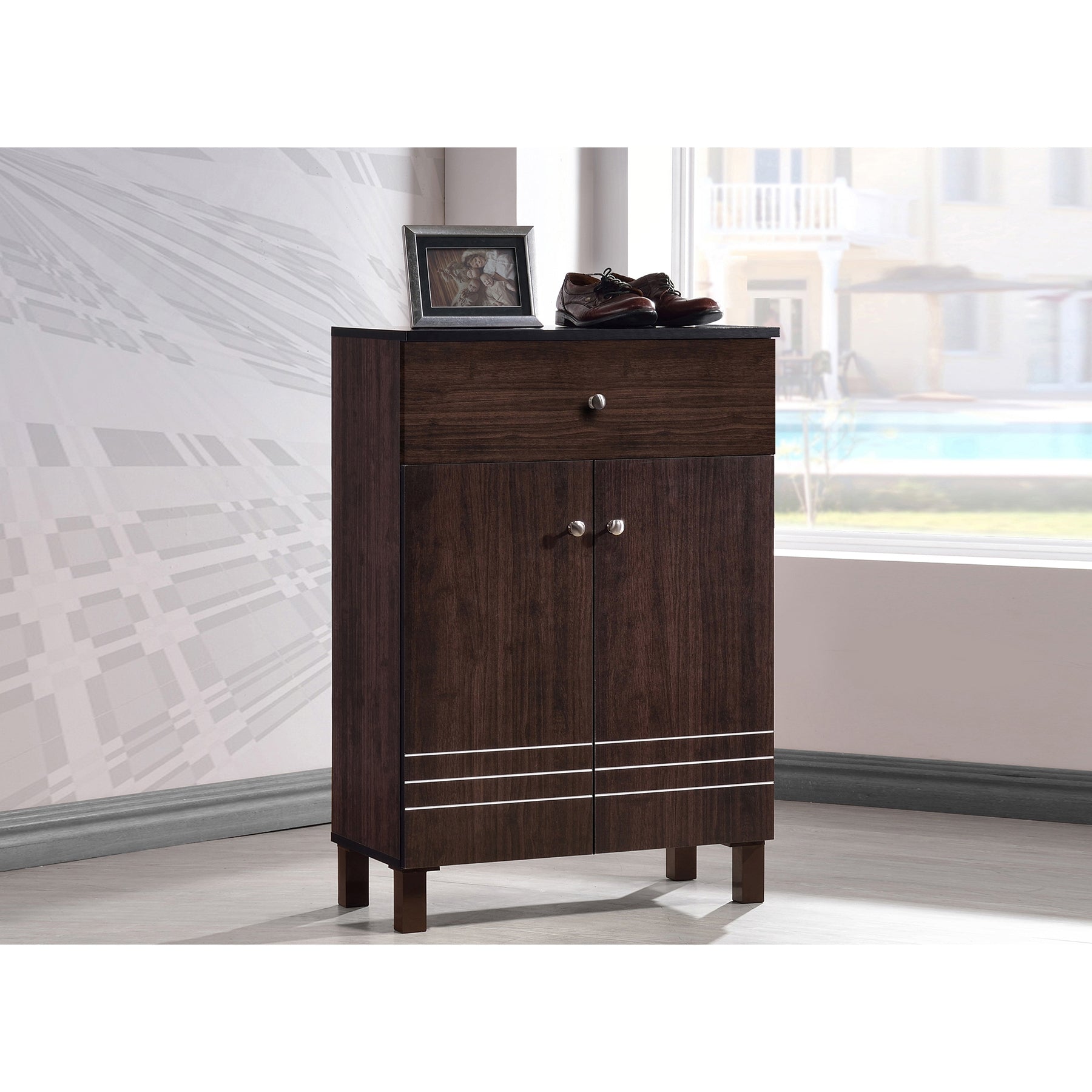 Baxton Studio Felda Dark Brown Modern Shoe Cabinet with 2 Doors and Drawer
