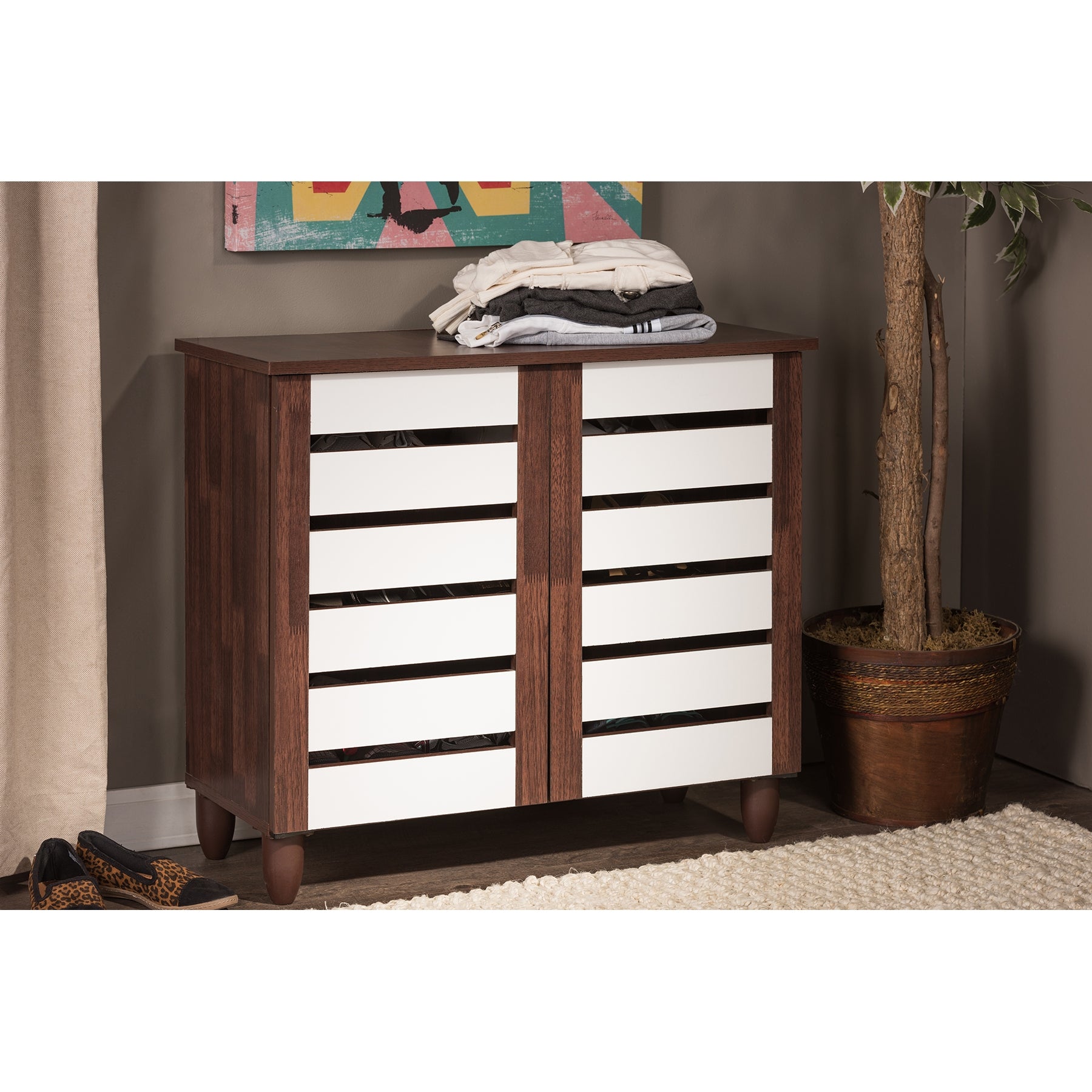 Baxton Studio Gisela Oak and White 2-tone Shoe Cabinet With 2 Doors