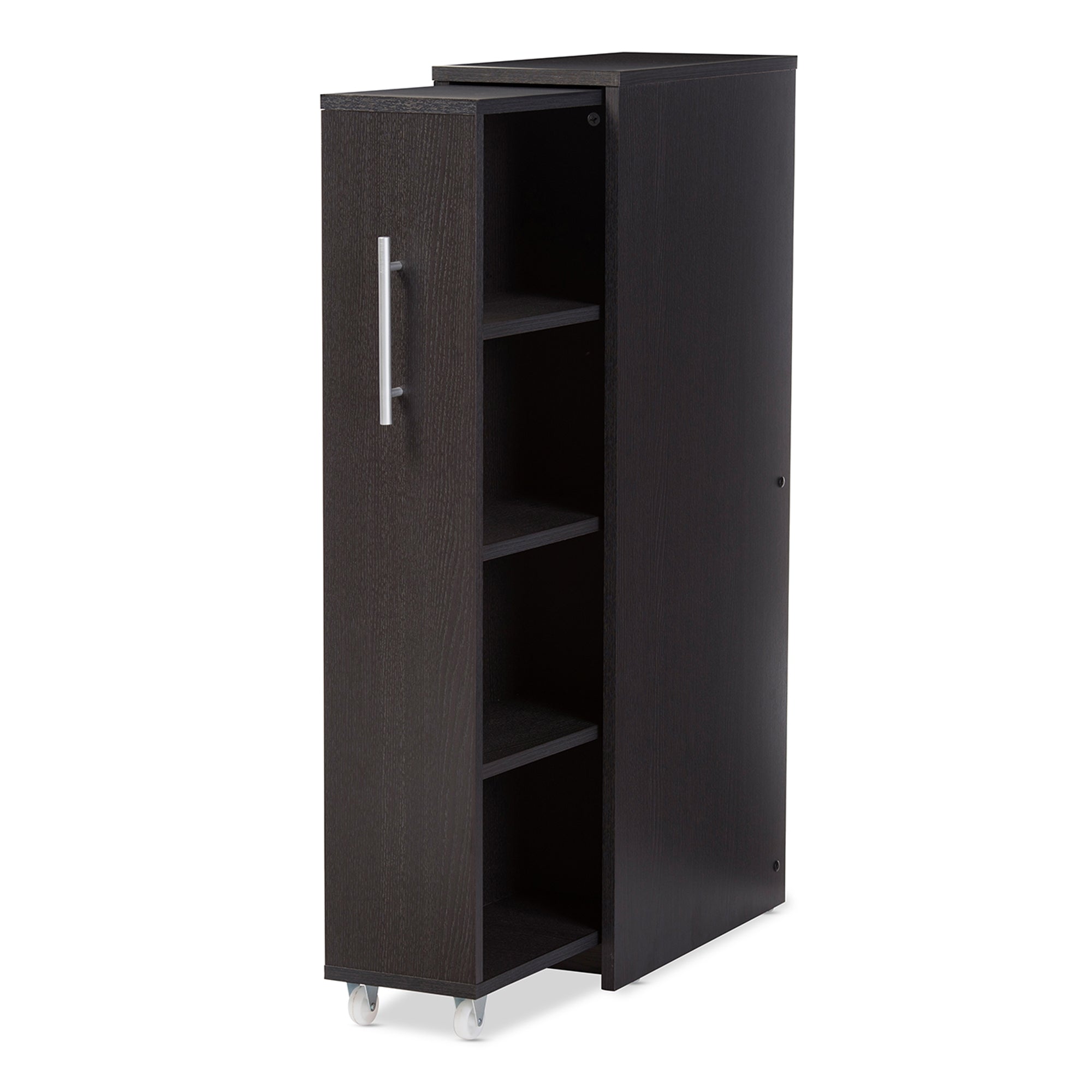 Baxton Studio Lindo Dark Brown Wood Bookcase with One Pulled-out Door Shelving Cabinet