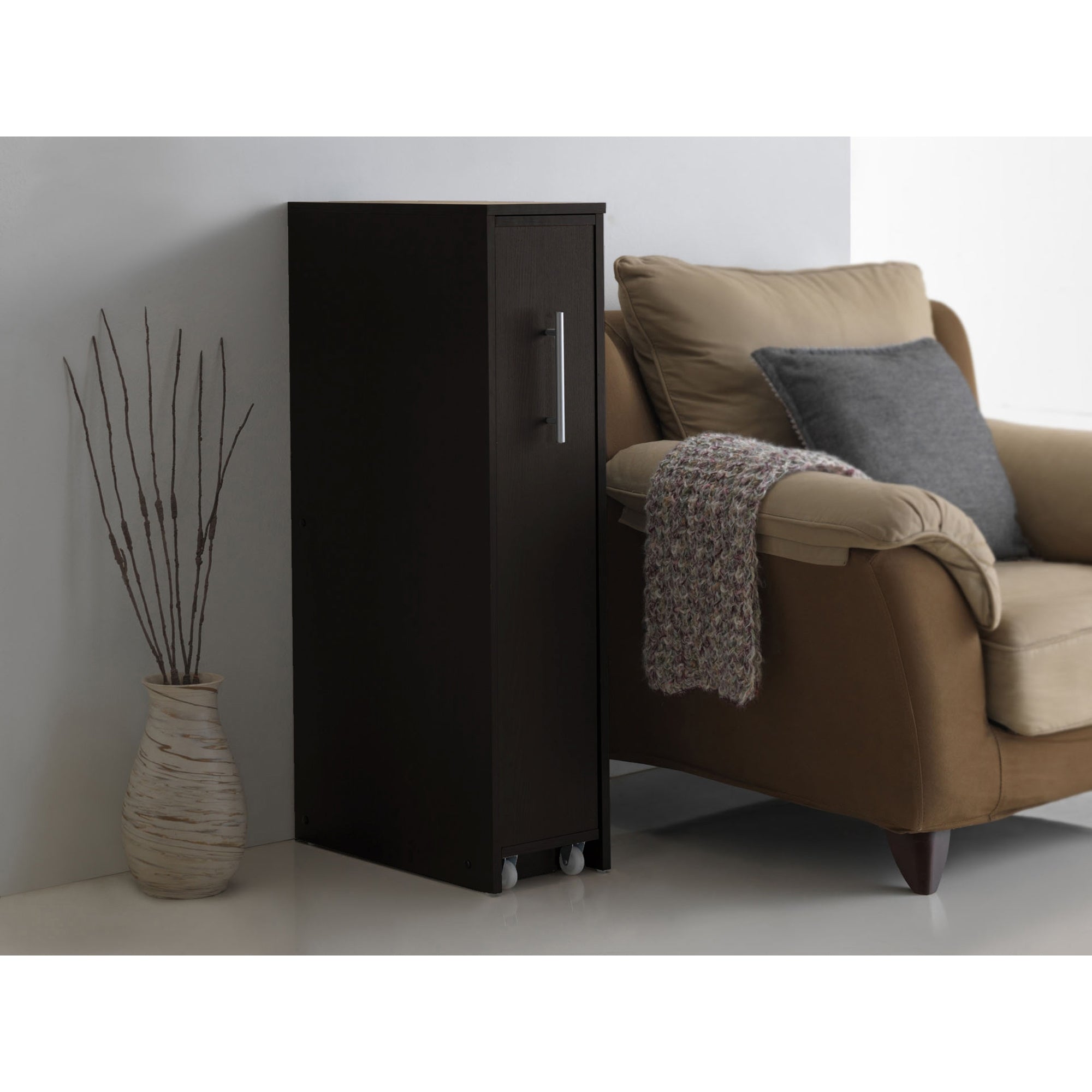 Baxton Studio Lindo Dark Brown Wood Bookcase with One Pulled-out Door Shelving Cabinet