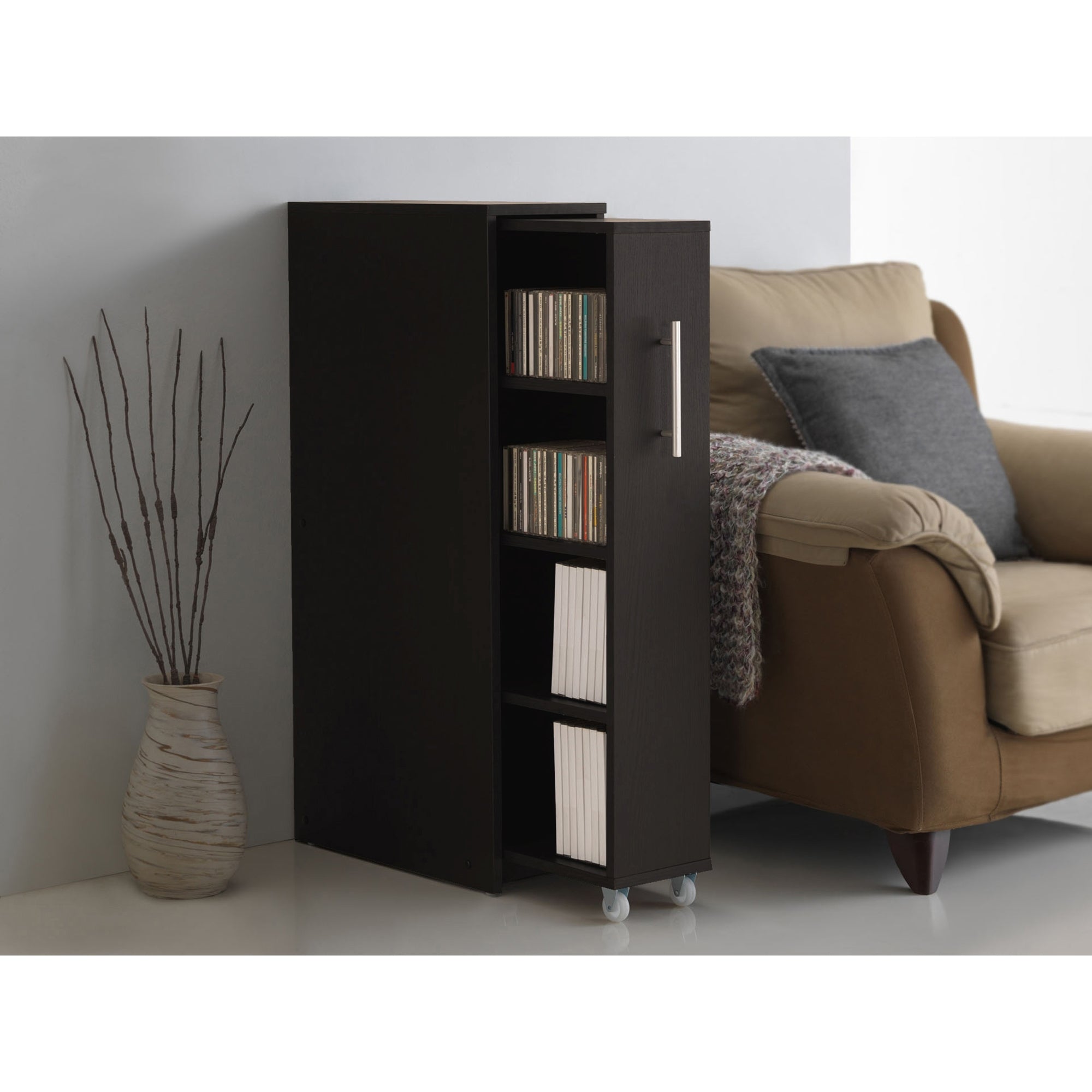Baxton Studio Lindo Dark Brown Wood Bookcase with One Pulled-out Door Shelving Cabinet
