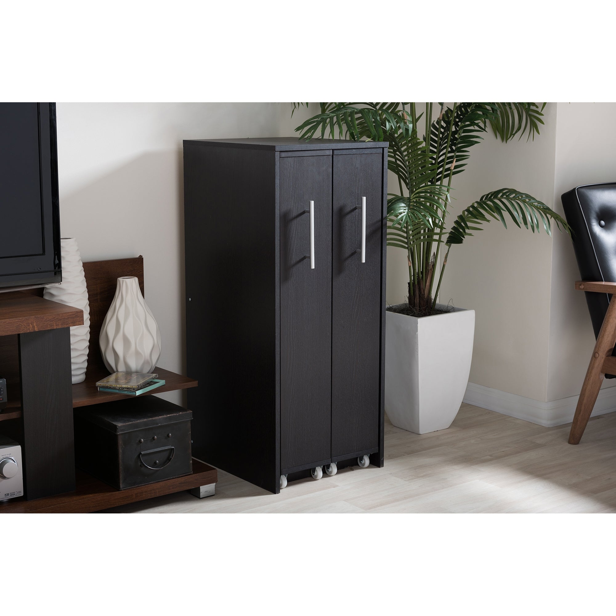 Baxton Studio Lindo Dark Brown Wood Bookcase with Two Pulled-out Doors Shelving Cabinet
