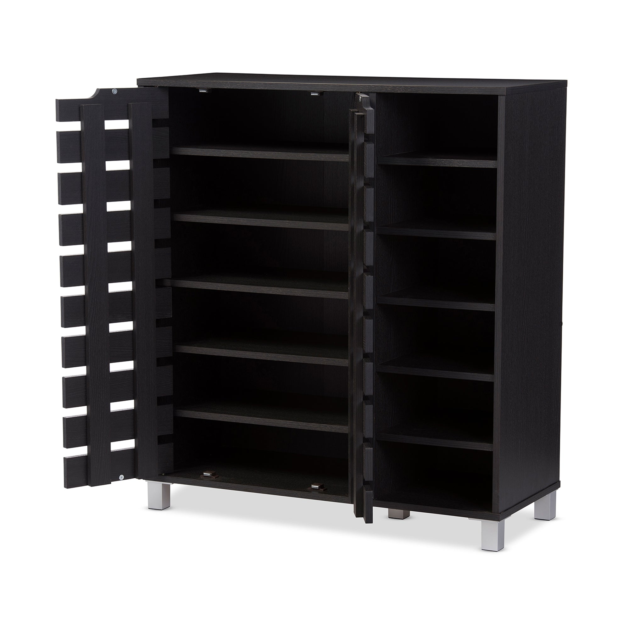 Baxton Studio Shirley Modern and Contemporary Dark Brown Wood 2-Door Shoe Cabinet with Open Shelves