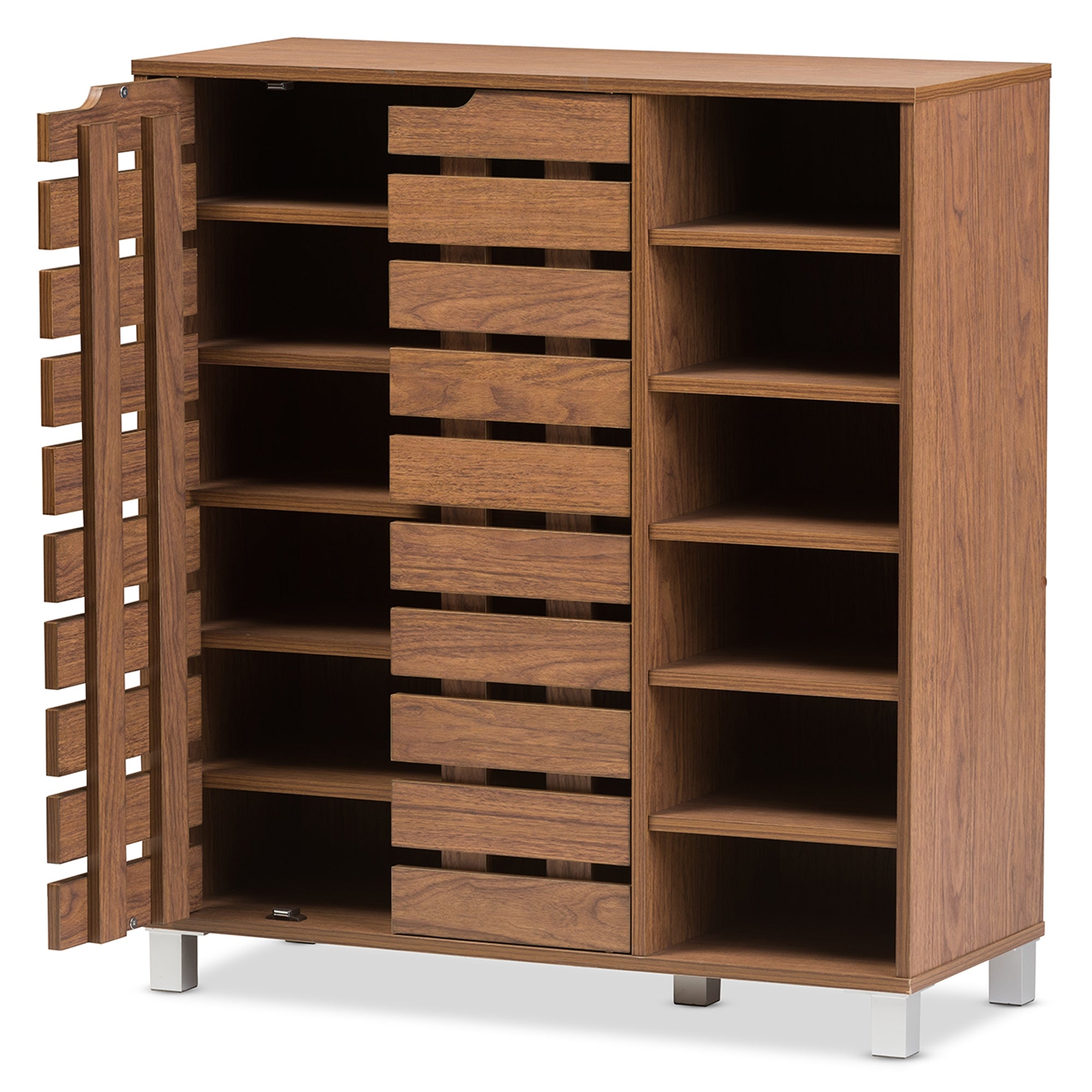 Baxton Studio Shirley Modern and Contemporary "Walnut" Medium Brown Wood 2-Door Shoe Cabinet with Open Shelves