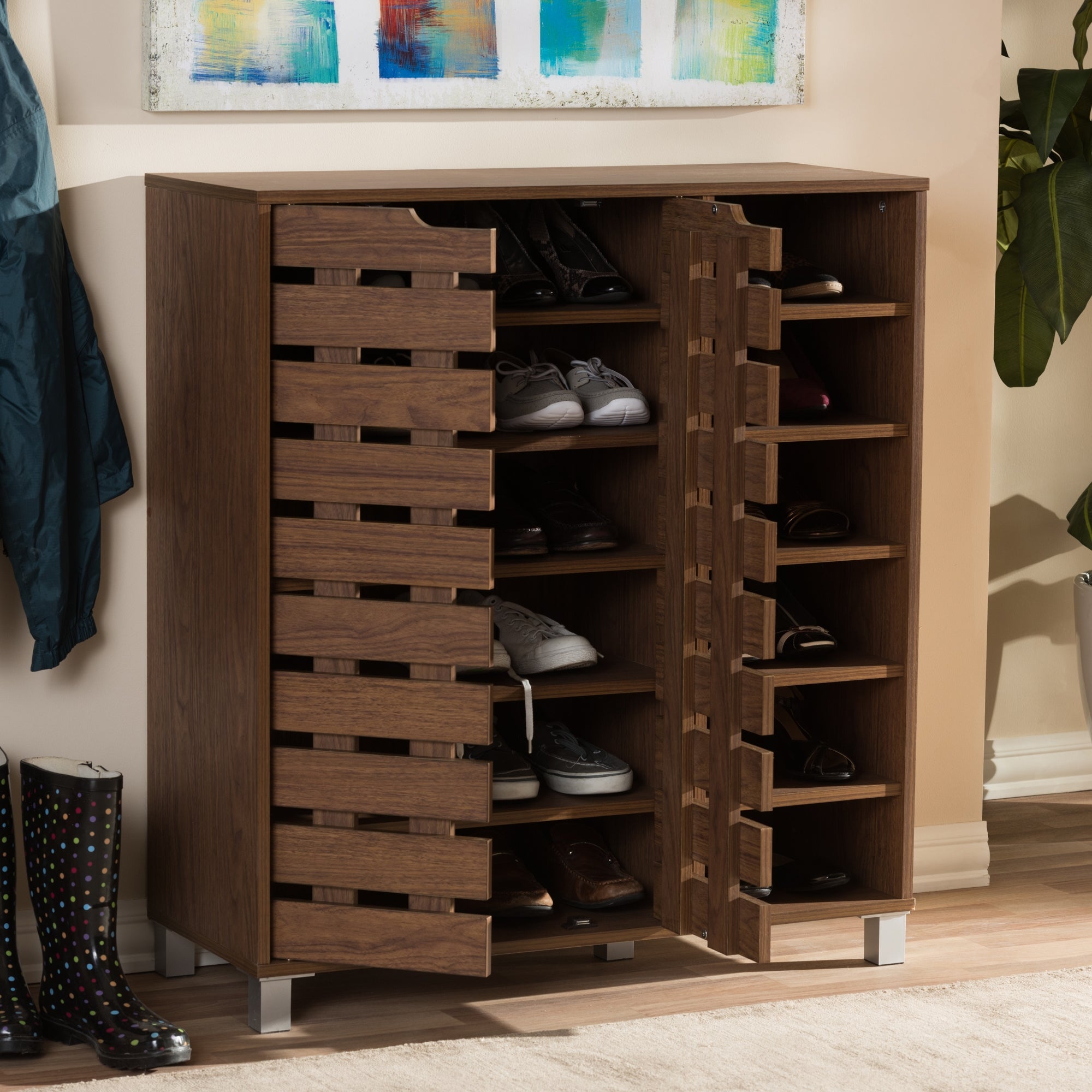 Baxton Studio Shirley Modern and Contemporary "Walnut" Medium Brown Wood 2-Door Shoe Cabinet with Open Shelves