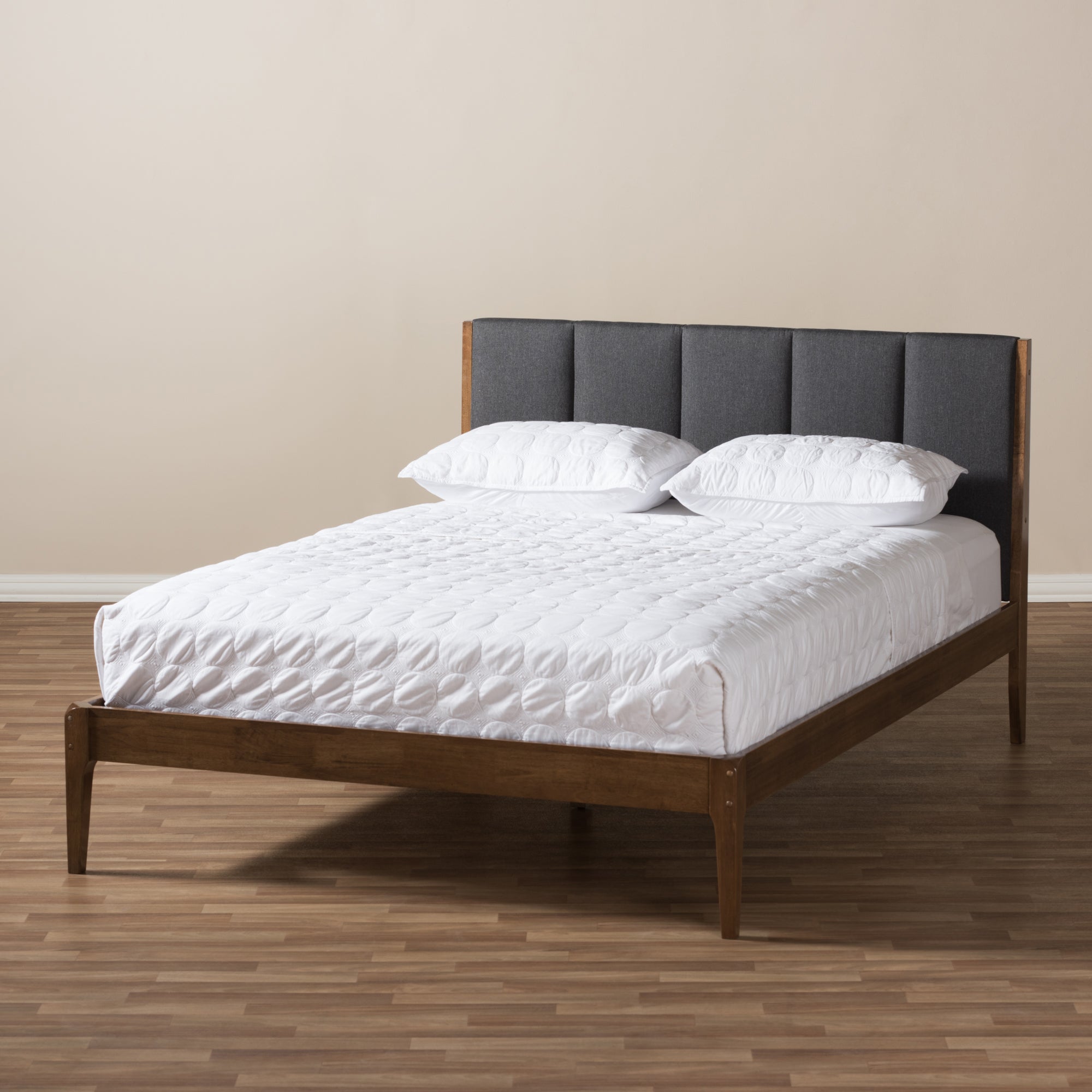 Baxton Studio Ember Mid-Century Dark Grey Fabric and Medium Brown Finish Wood Queen Size Platform Bed