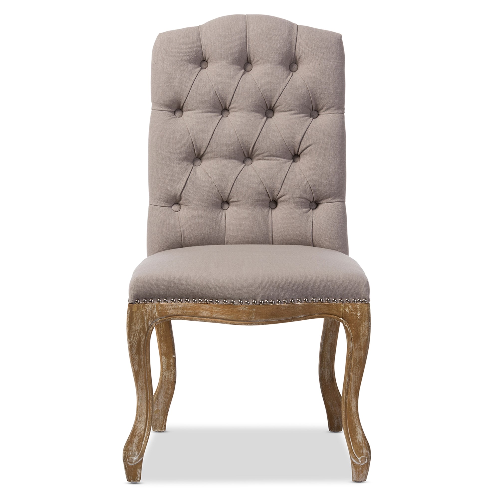 Baxton Studio Hudson Chic Rustic French Country Cottage Weathered Oak Beige Fabric Button-tufted Upholstered Dining Chair