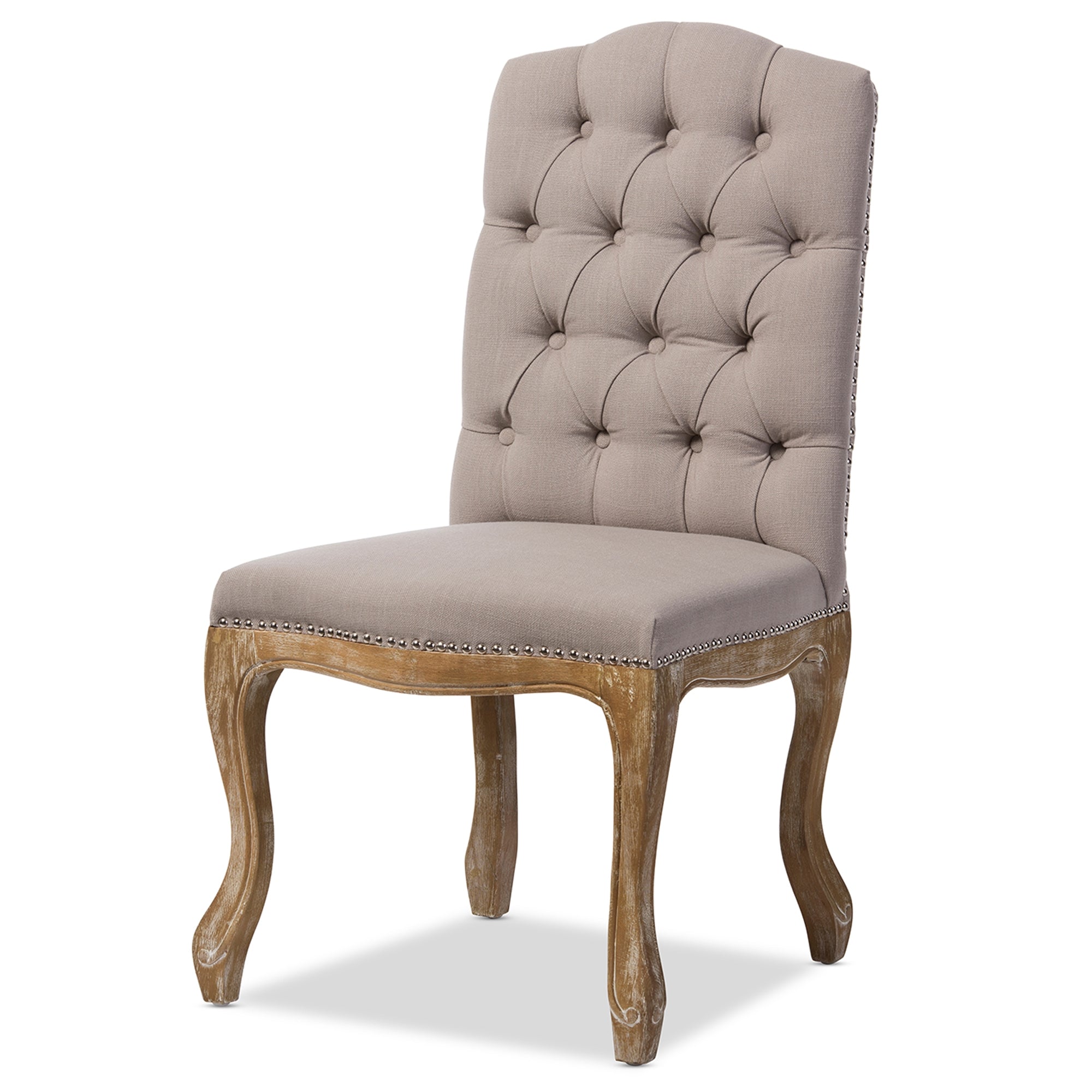 Baxton Studio Hudson Chic Rustic French Country Cottage Weathered Oak Beige Fabric Button-tufted Upholstered Dining Chair