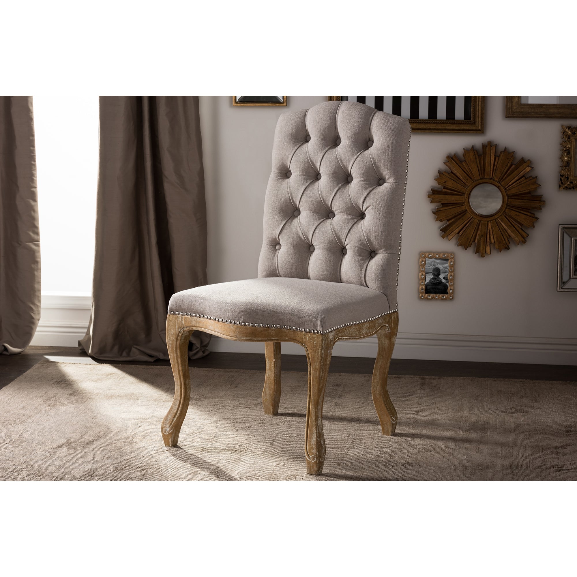 Baxton Studio Hudson Chic Rustic French Country Cottage Weathered Oak Beige Fabric Button-tufted Upholstered Dining Chair