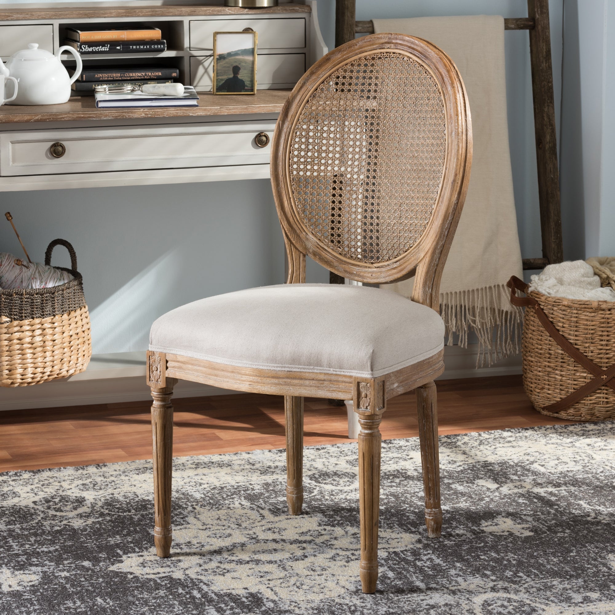 Baxton Studio Adelia French Vintage Cottage Weathered Oak Finish Wood and Beige Fabric Upholstered Dining Side Chair with Round Cane Back