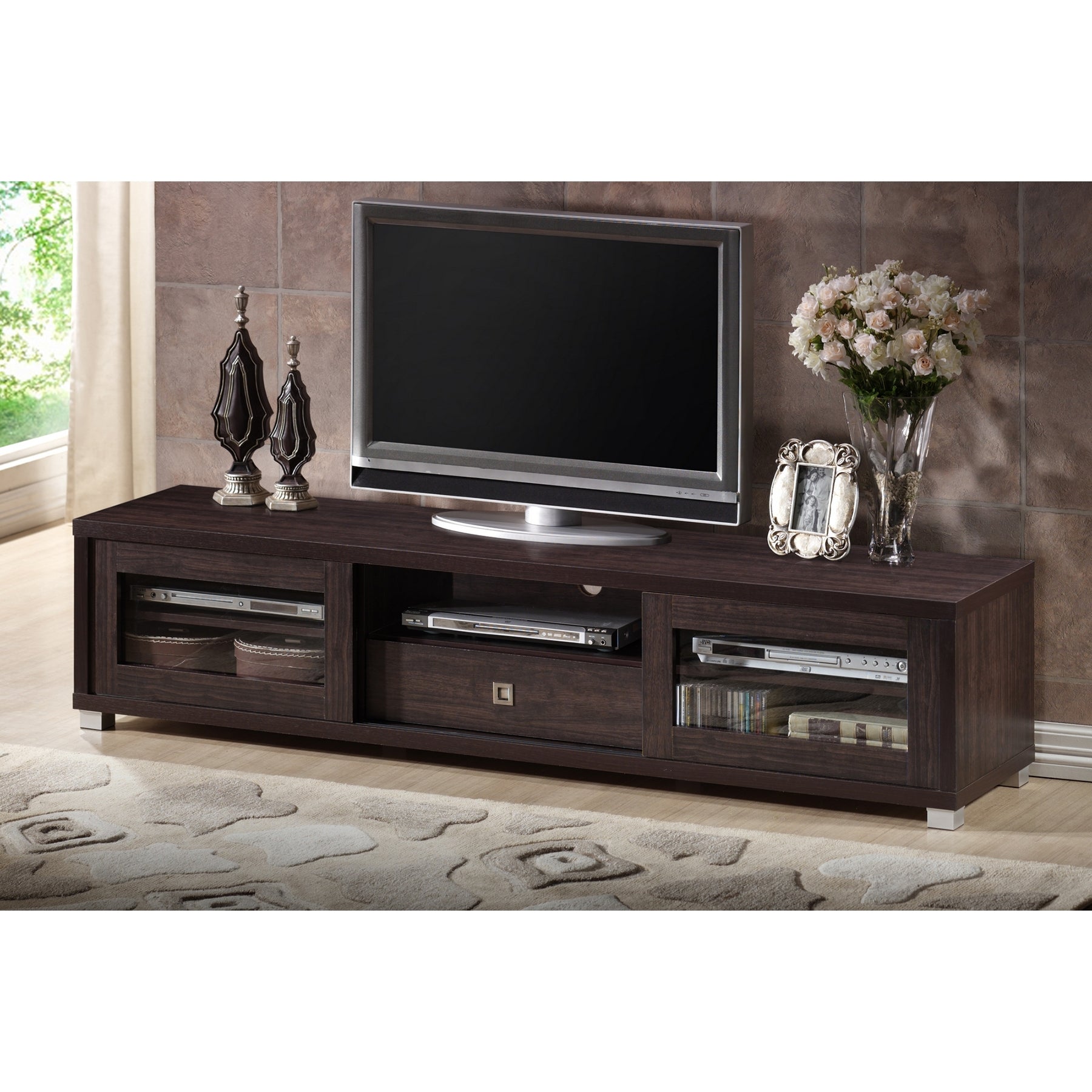 Baxton Studio Beasley 70-Inch Dark Brown TV Cabinet with 2 Sliding Doors and Drawer