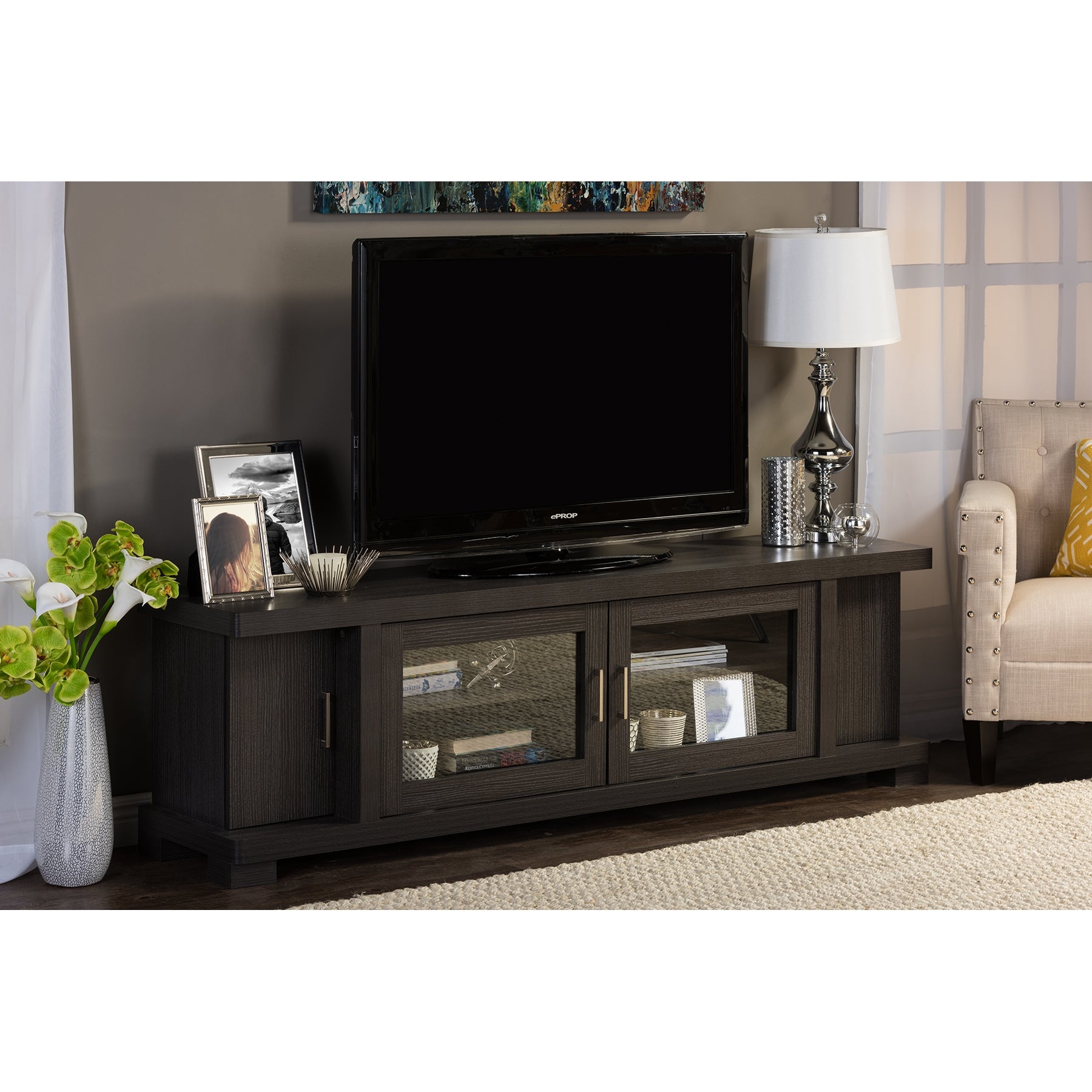 Baxton Studio Viveka 70-Inch Greyish Dark Brown Wood TV Cabinet with 2 Glass Doors and 2 Doors