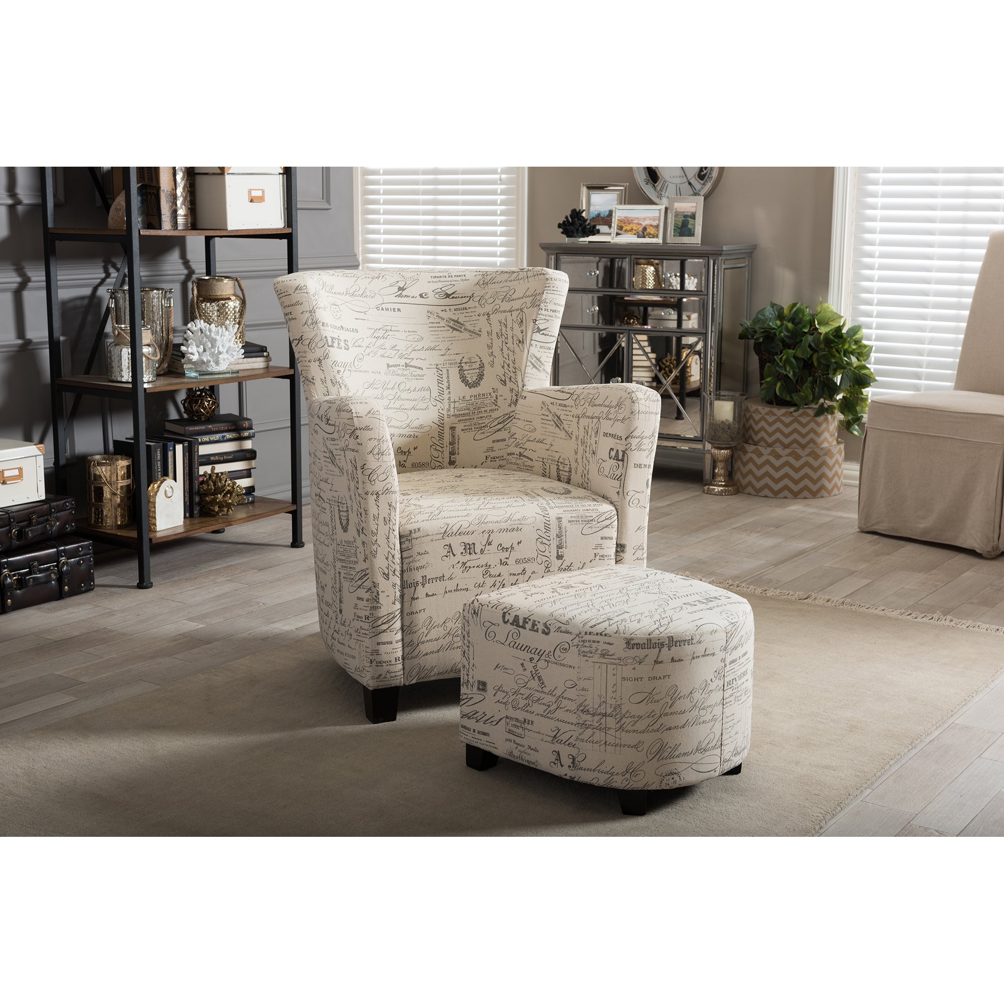 Baxton Studio Benson French Script Patterned Fabric Club Chair and Ottoman Set