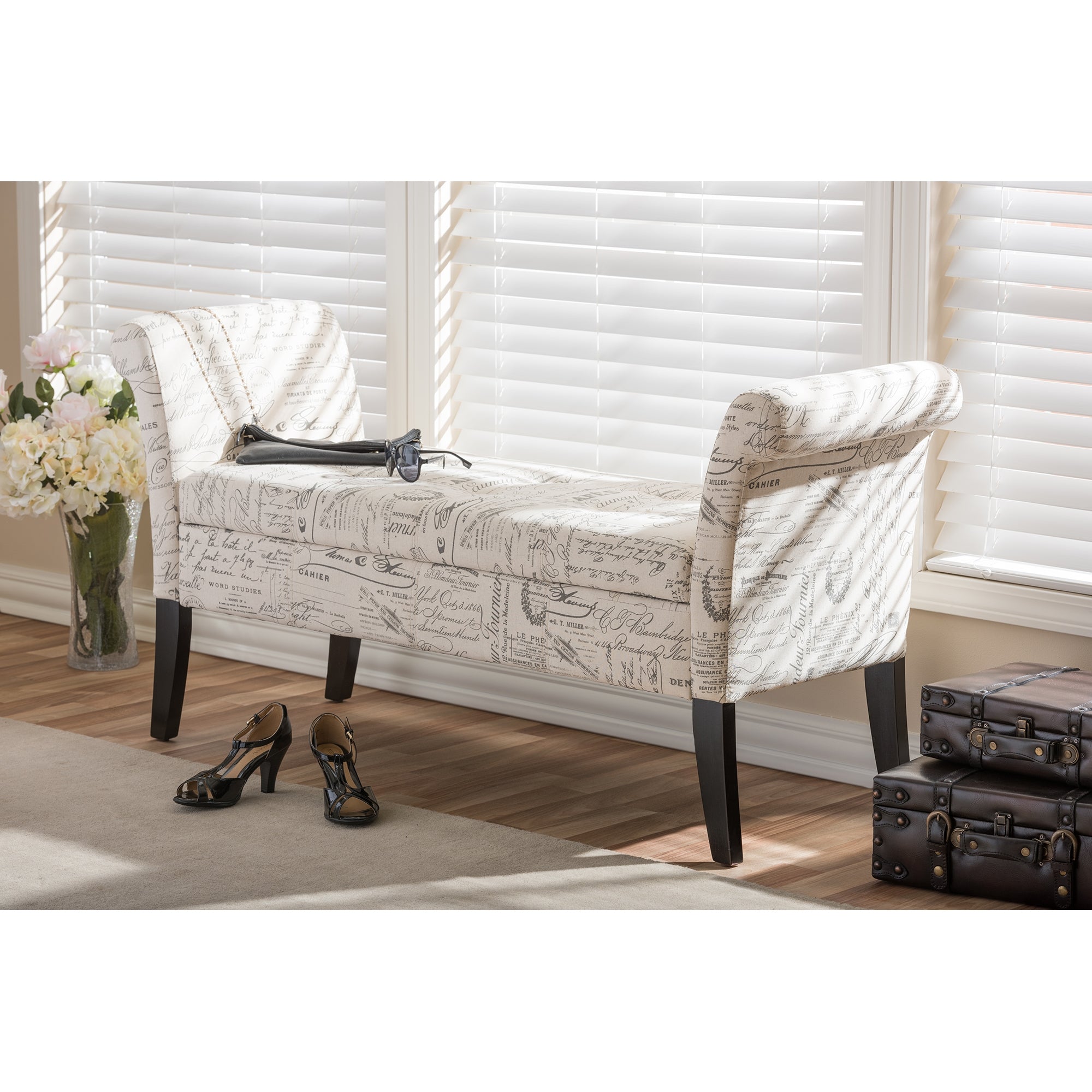 Baxton Studio Avignon Script-Patterned French Laundry Fabric Storage Ottoman Bench
