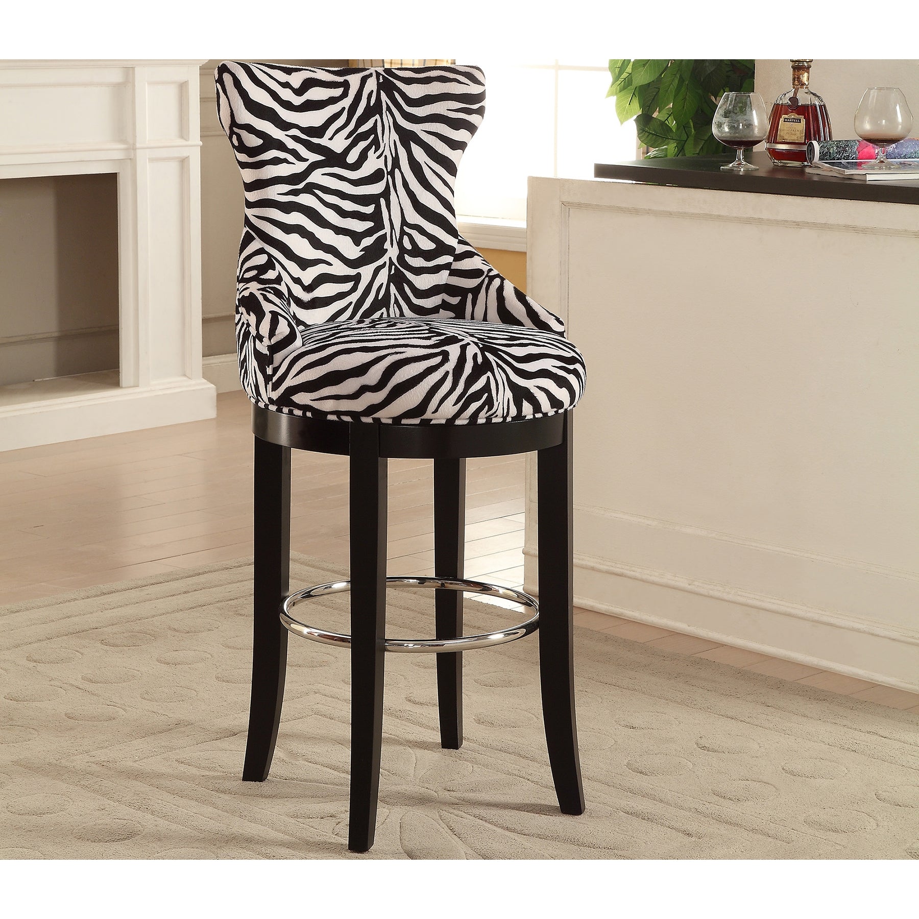 Baxton Studio Peace Modern and Contemporary Zebra-print Patterned Fabric Upholstered Bar Stool with Metal Footrest