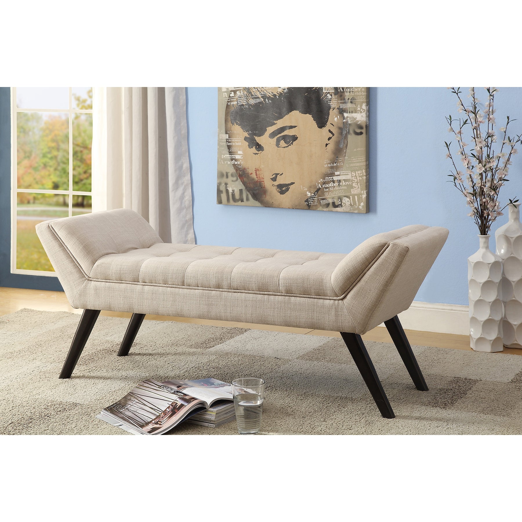 Baxton Studio Tamblin Mid-century Modern Retro Beige Linen Fabric Upholstered Grid-Tufting 50-Inch Bench