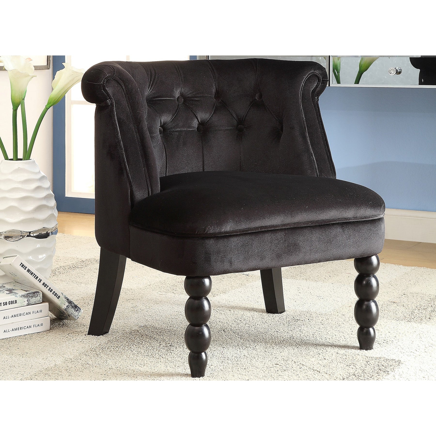Baxton Studio Flax Victorian Style Contemporary Black Velvet Fabric Upholstered Vanity Accent Chair
