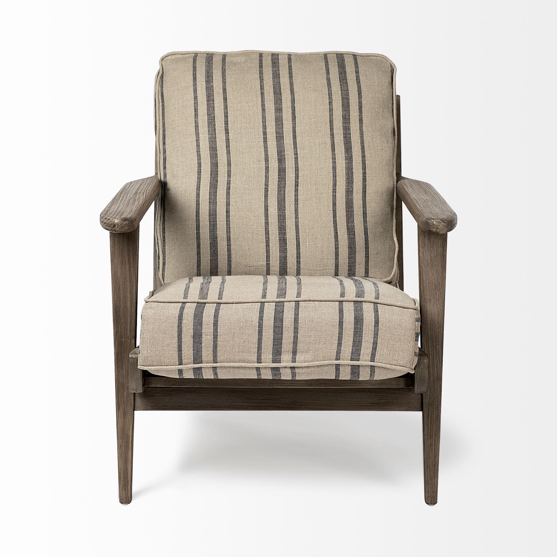 Striped Light Brown Fabric Wrapped Accent Chair with Wooden Frame