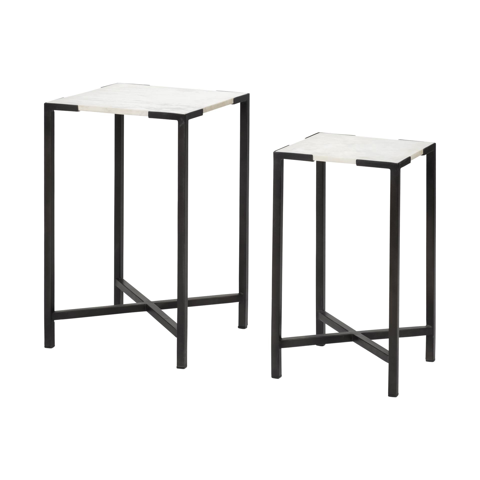 Set of 2 White Marble Square Top Accent Tables with Black Iron Frame