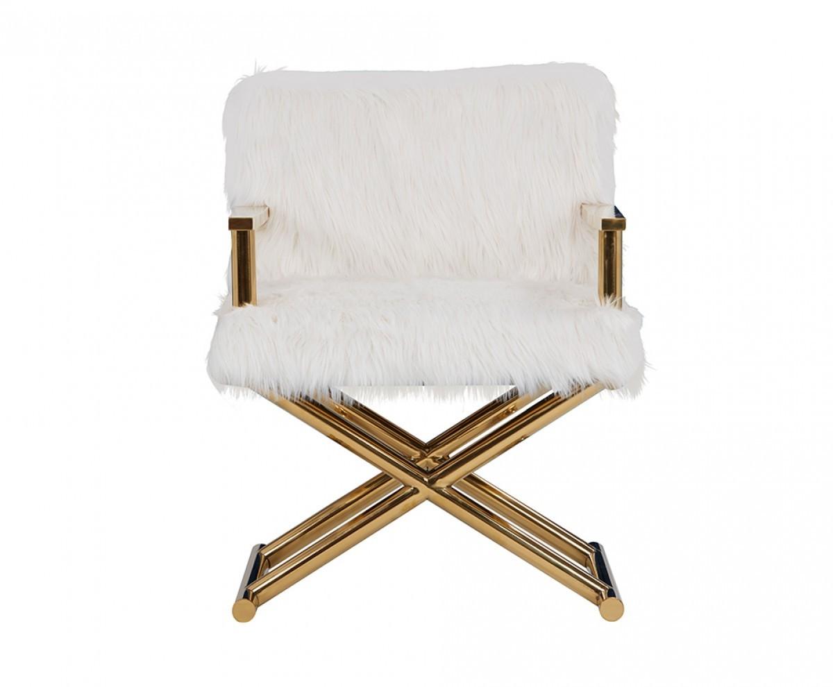 Stylish White Faux Fur And Gold Steel Chair