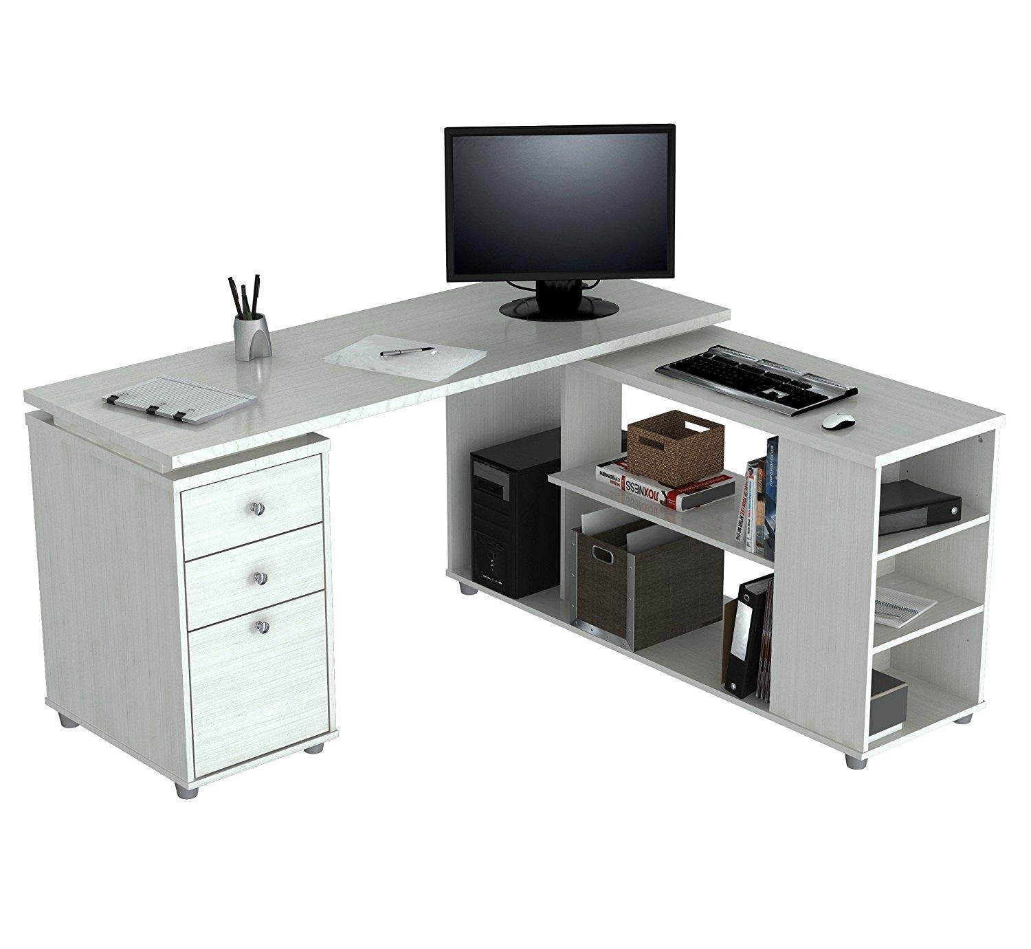 White Finish 3 Drawer L Shape Computer Desk with Storage