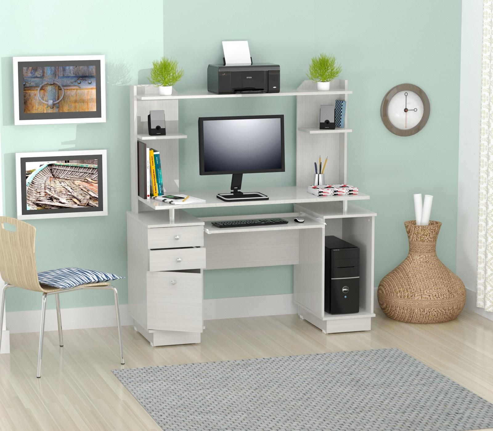 White Finish Wood Computer Desk with Hutch