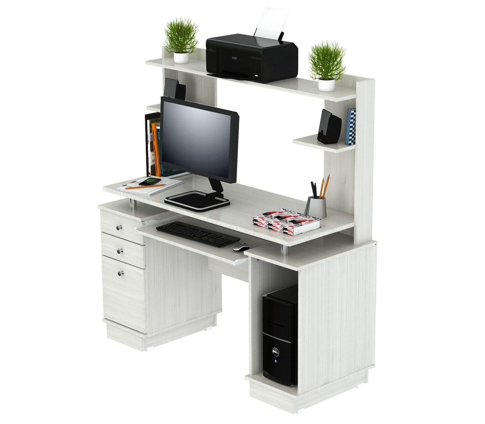 White Finish Wood Computer Desk with Hutch
