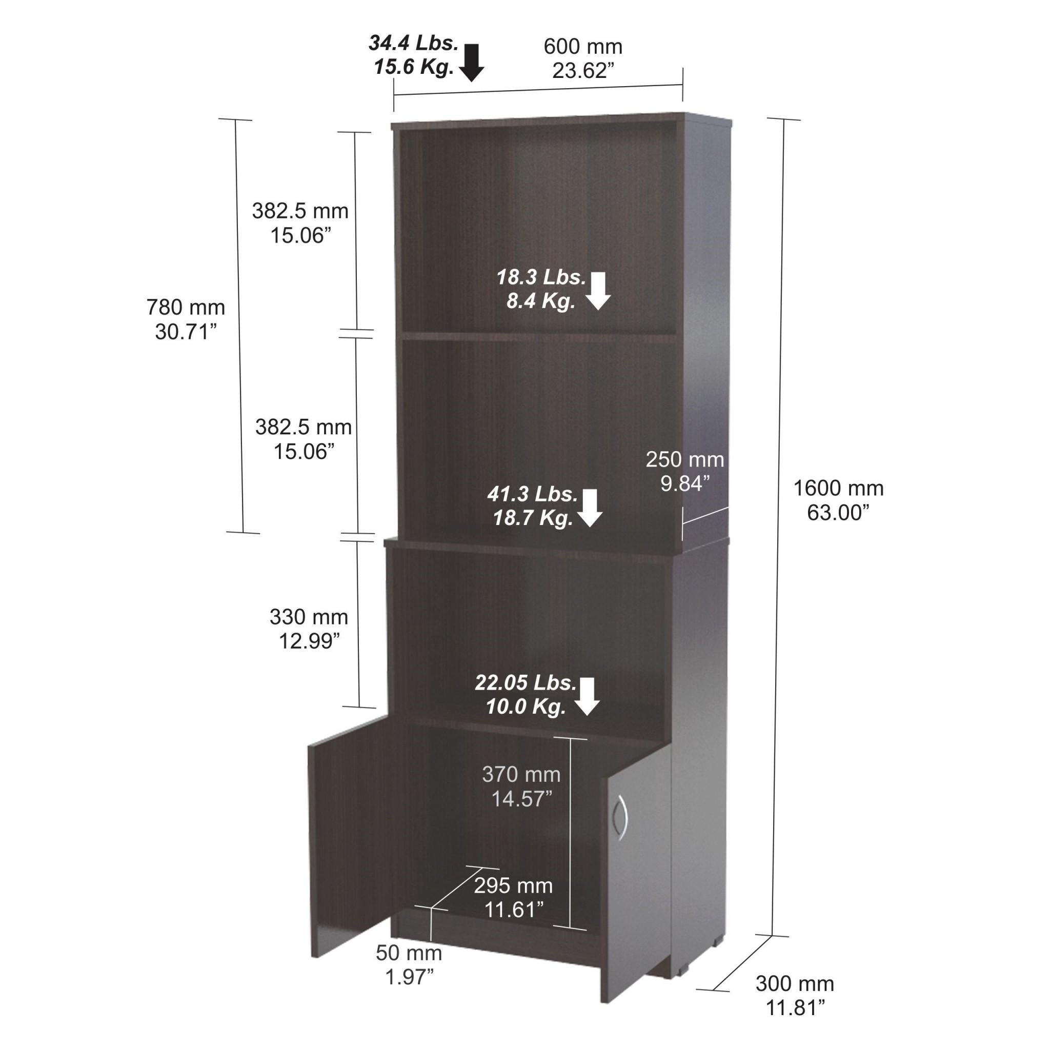 Espresso Finish Wood Three Self and Cabinet Bookcase