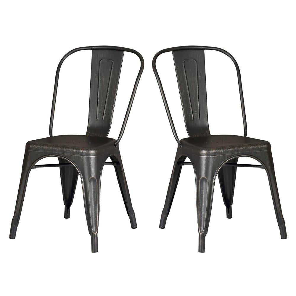 Set of 2 Black Distressed Metal Dining Chairs With Back