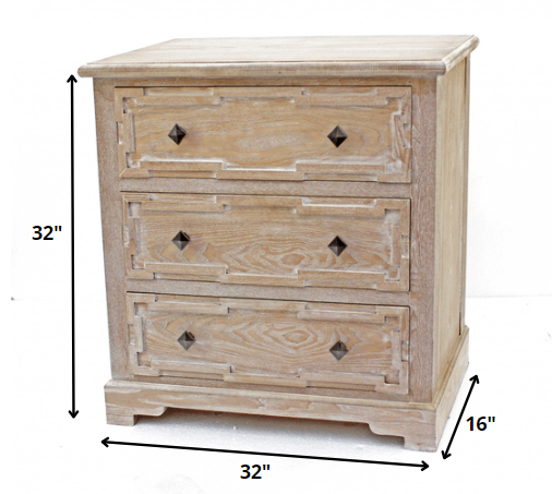 16 x 32 x 32 Natural 3 Drawer Rustic White-Washed Wood - Cabinet