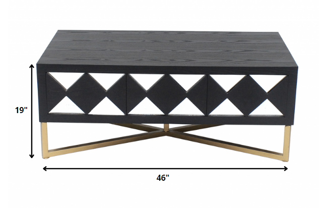 24 x 46 x 19 Black & Gold 3 Drawer Mirrored  Console Table