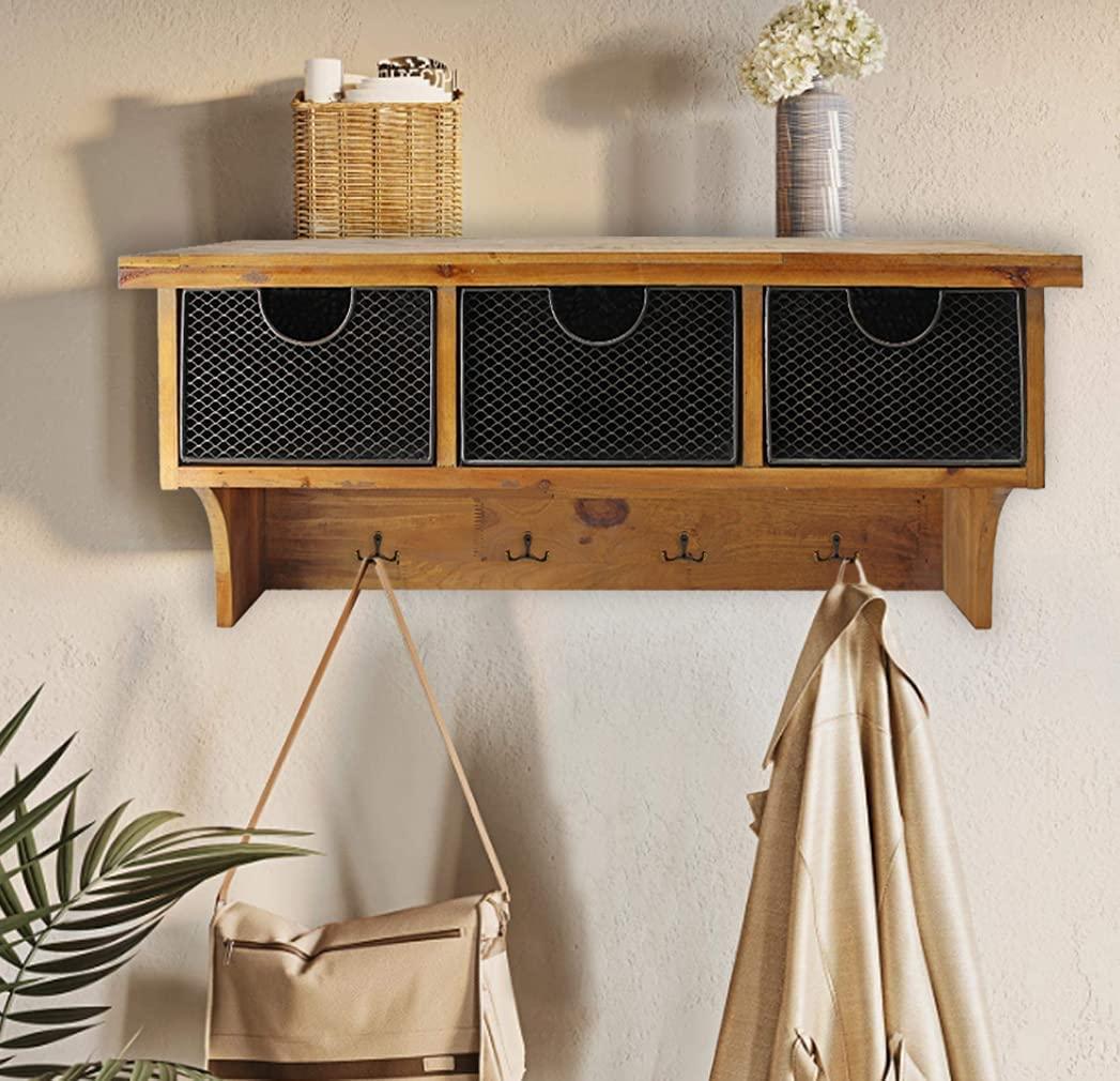 Brown Rustic Wooden Wall Shelf with 3 Drawers and Hooks