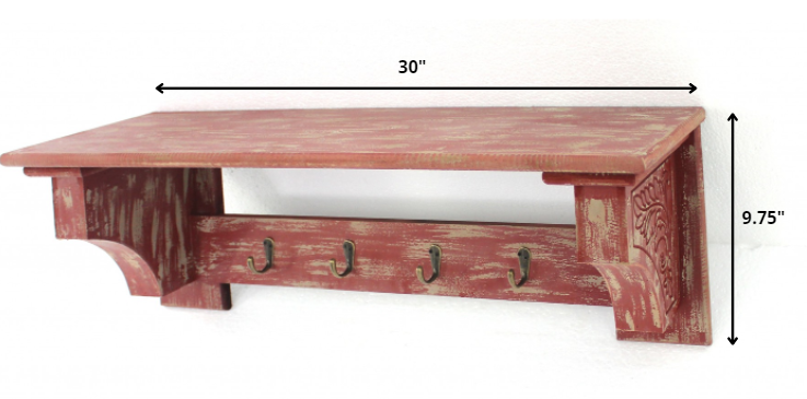 8 x 30 x 9.75 Red Vintage Wooden 4 Metal Hooks - Wall Shelf