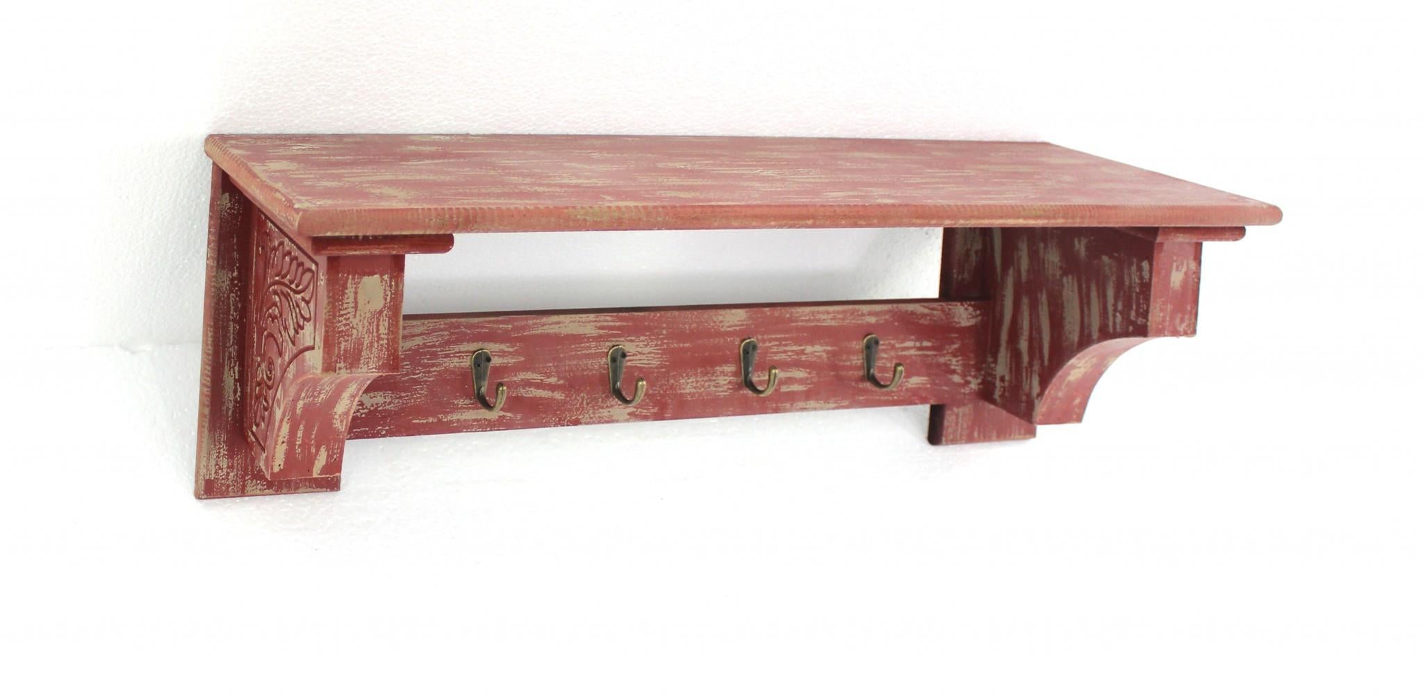 8 x 30 x 9.75 Red Vintage Wooden 4 Metal Hooks - Wall Shelf