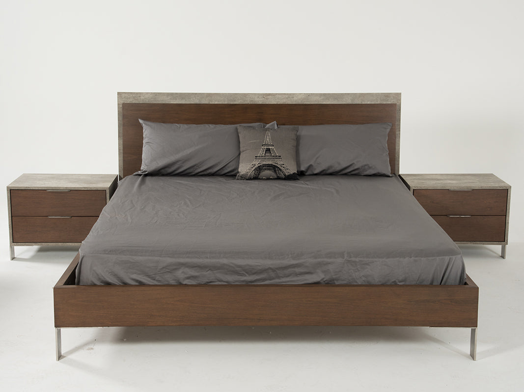 Modern Dark Walnut & Concrete Queen Bed
