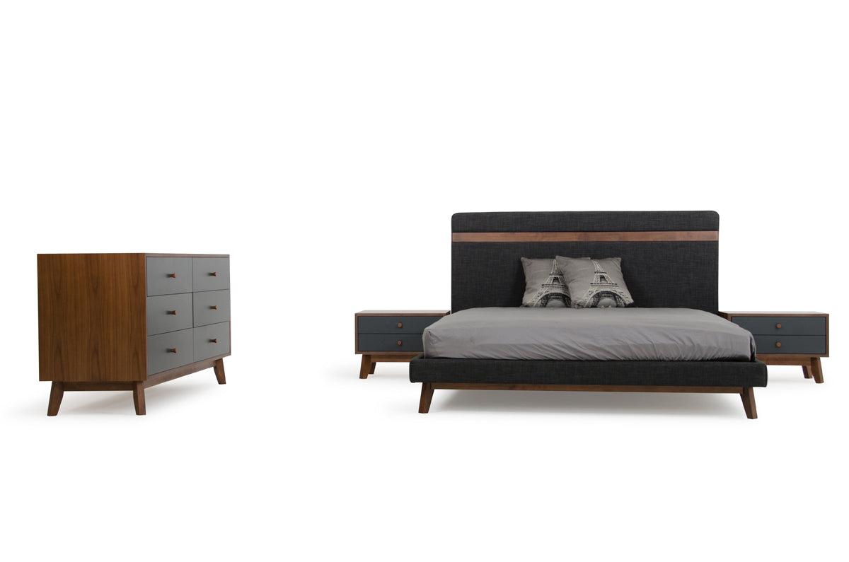 Modern Grey Fabric & Walnut Queen Bed