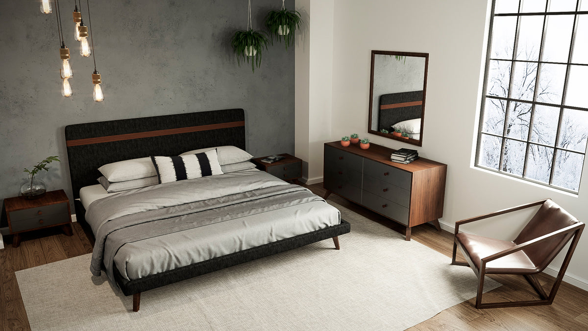 Modern Grey Fabric & Walnut Queen Bed