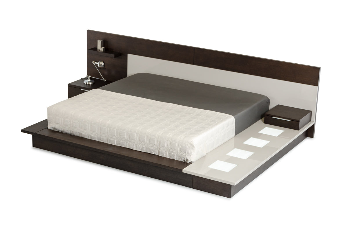 34" Brown Oak and Grey  Veneer Platfrom Queen Bed with Lights Default Title