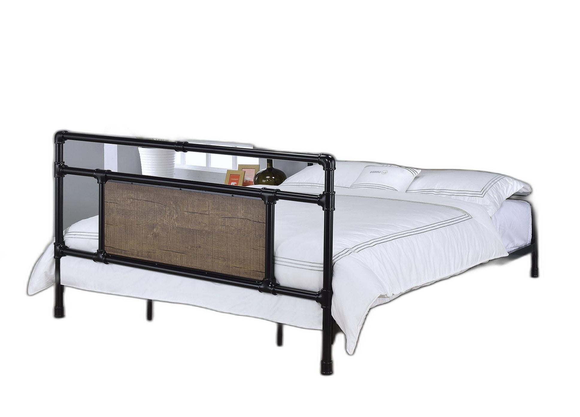 Queen Bed, Black & Oak - Metal, Wood Panel, Melami Black