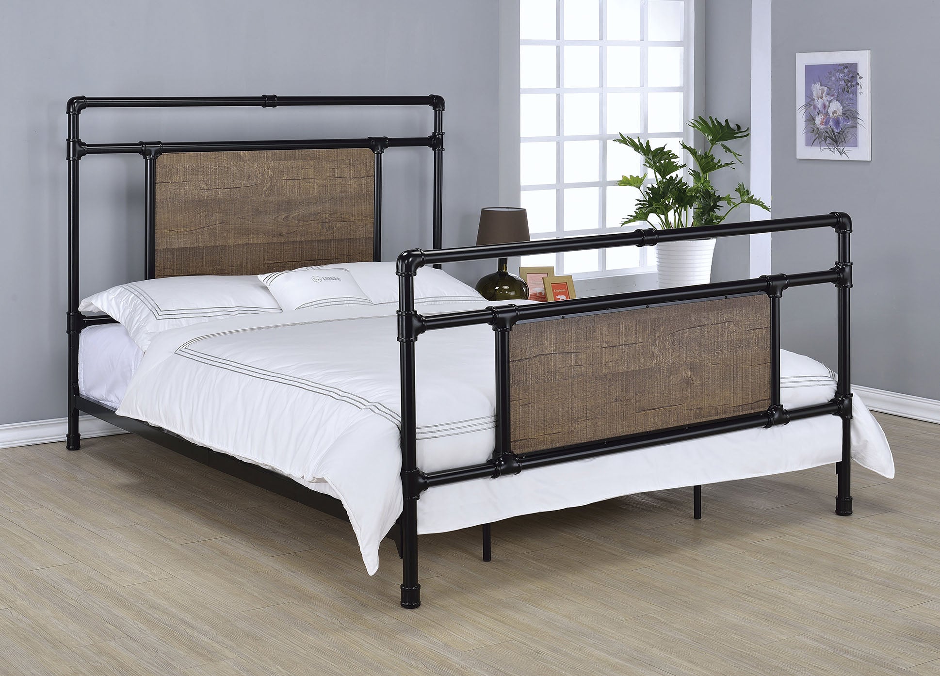 Full Bed, Black & Oak - Metal, Wood Panel, Melami Black