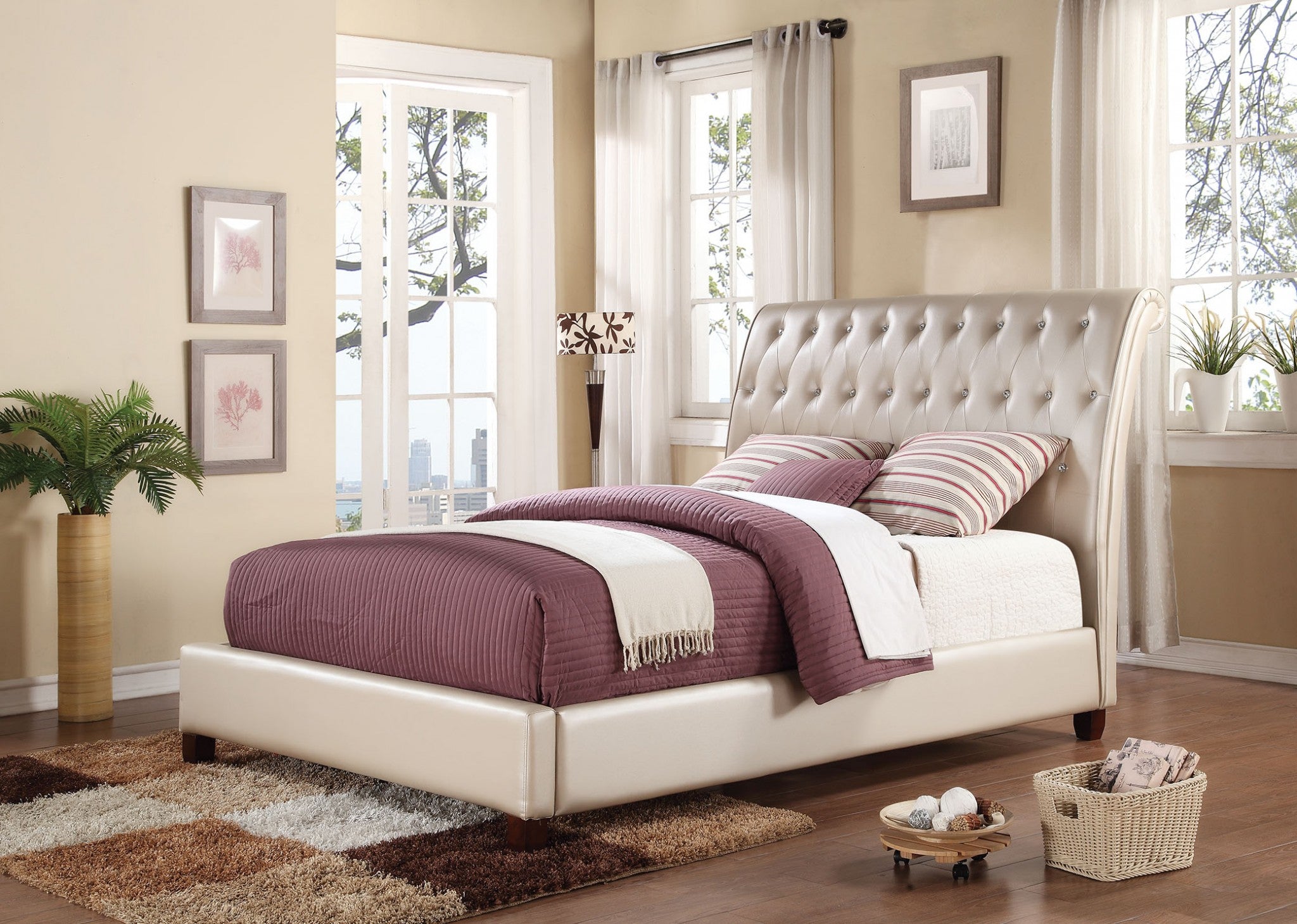 Queen Bed, Pearl Pu - Pu, Pine & Plywood Pearl Pu