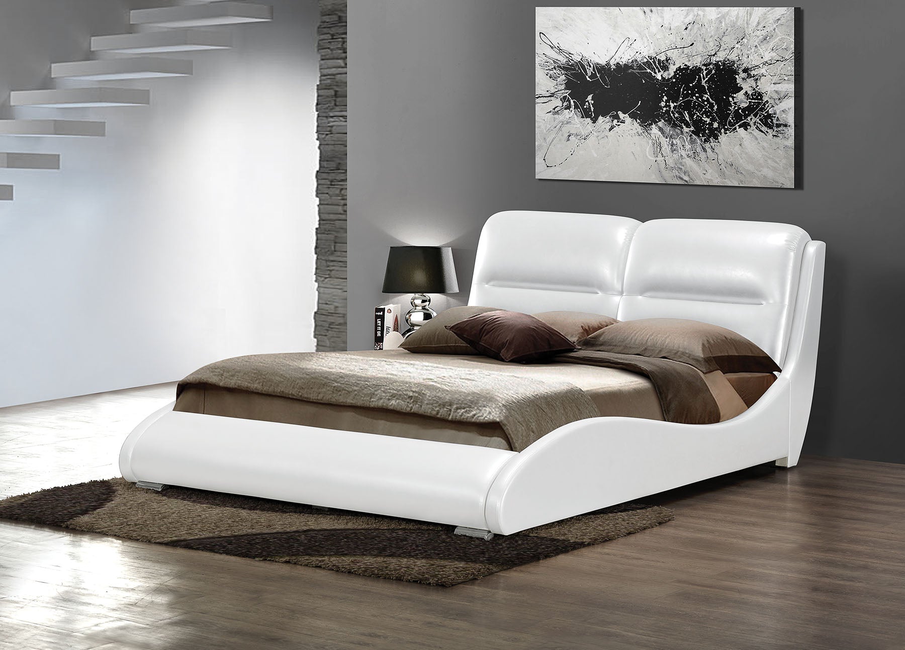 Queen Bed, White PU - Bycast PU, CAFR Foam, MDF White PU