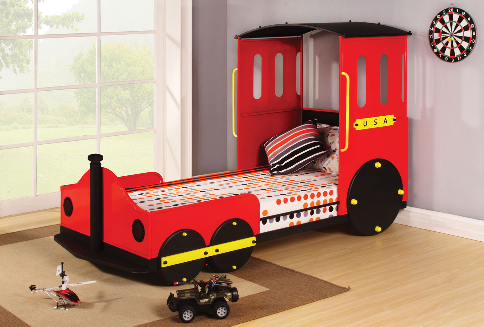Twin Bed, Red Train - Metal, MDF, PU, 25kg FR S Red Train