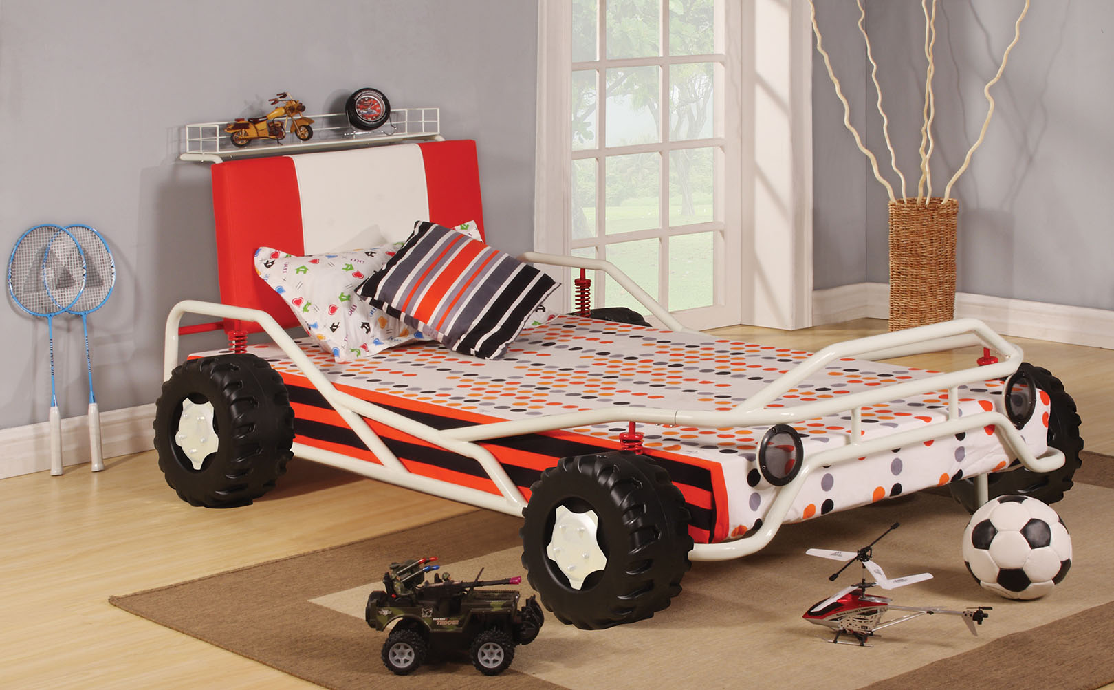 Twin Bed, White & Red Racing Car - Metal Tube, MDF, PU, 25Kg White & Red Racing Car Default Title