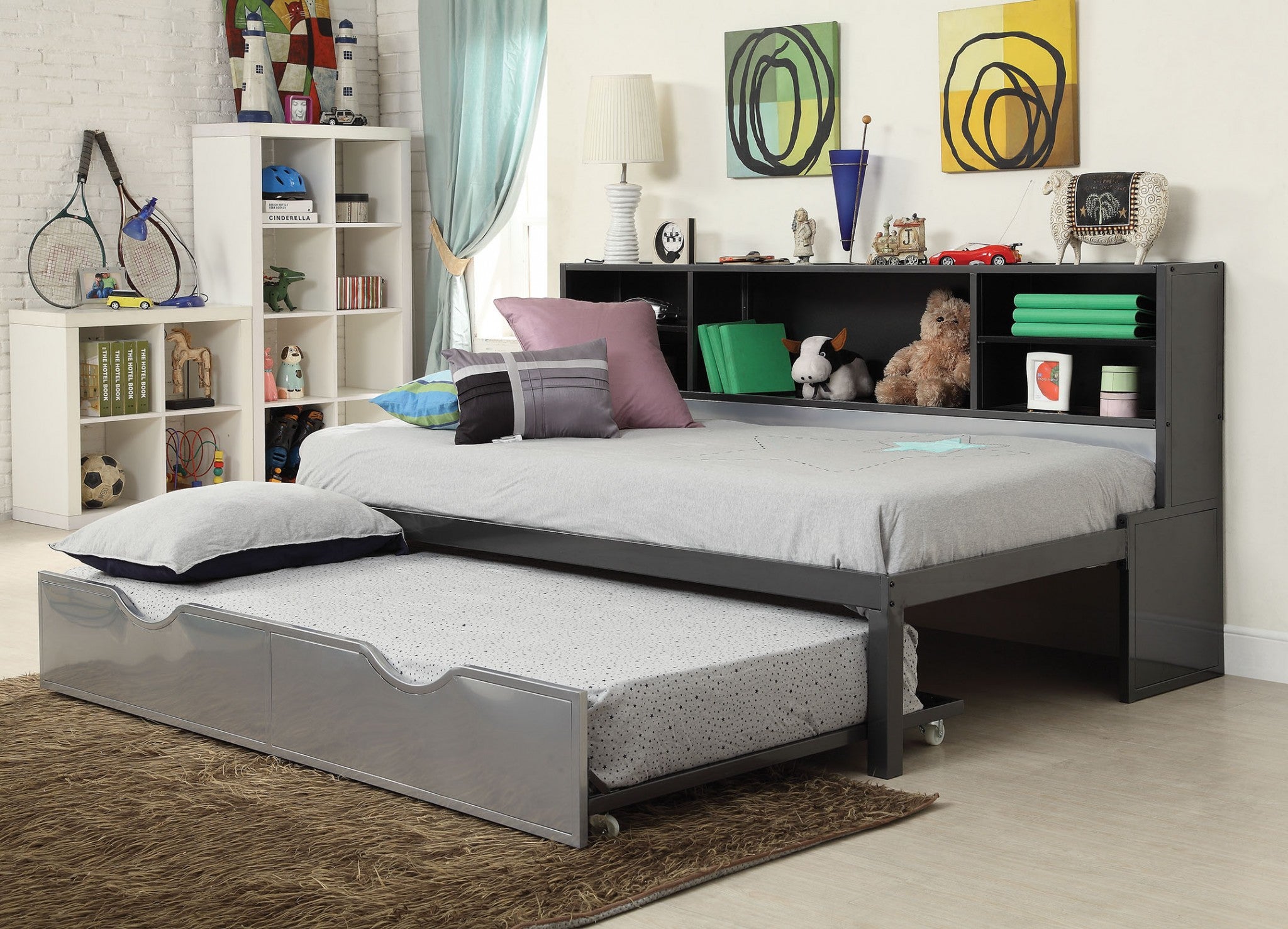 79" X 50" X 39" Twin  Black And Silver Metal Tube Bed With Bookcase And Trundle Default Title