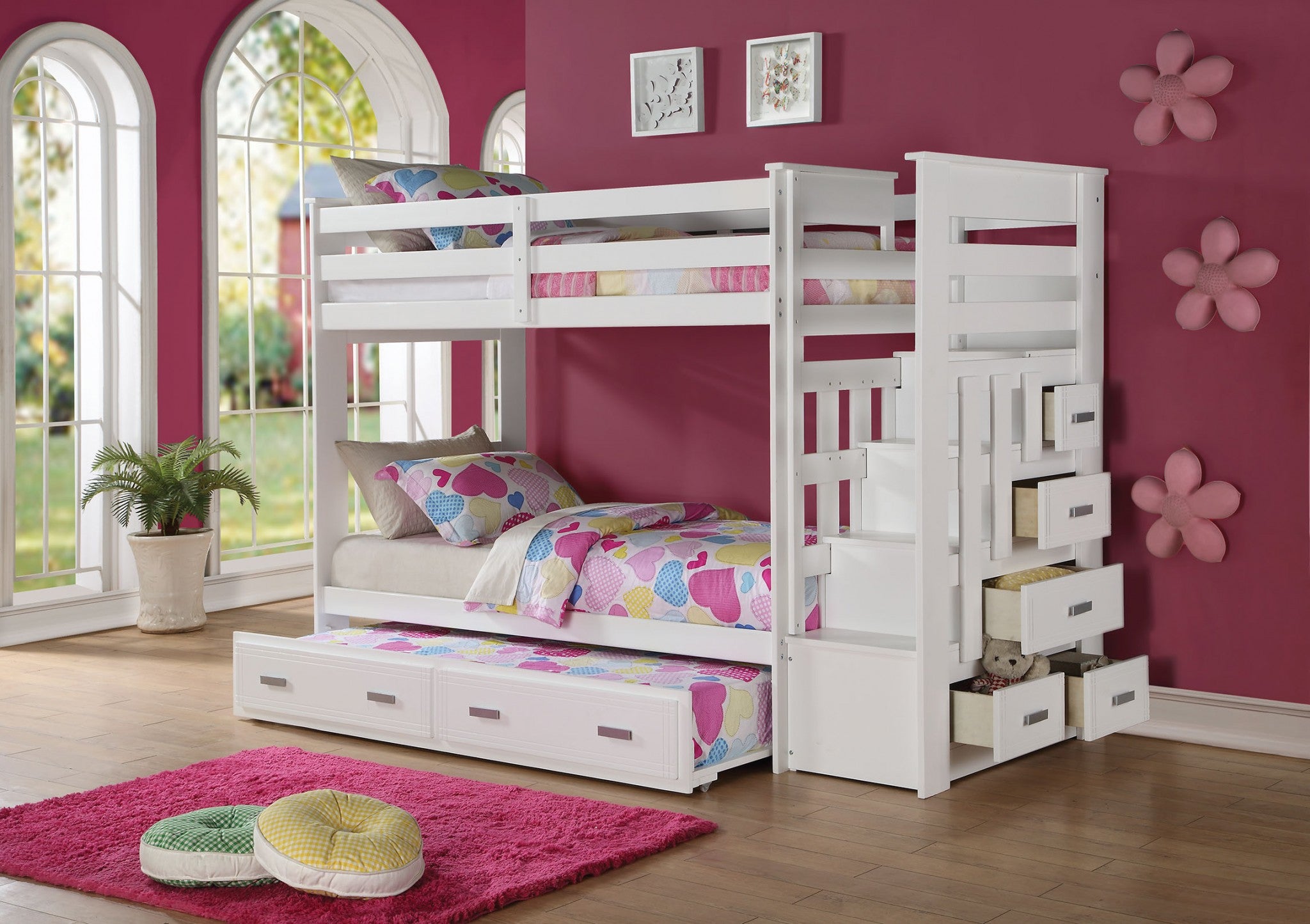 97" X 43" X 68" Twin Over Twin White Storage Ladder And Trundle  Bunk Bed Default Title