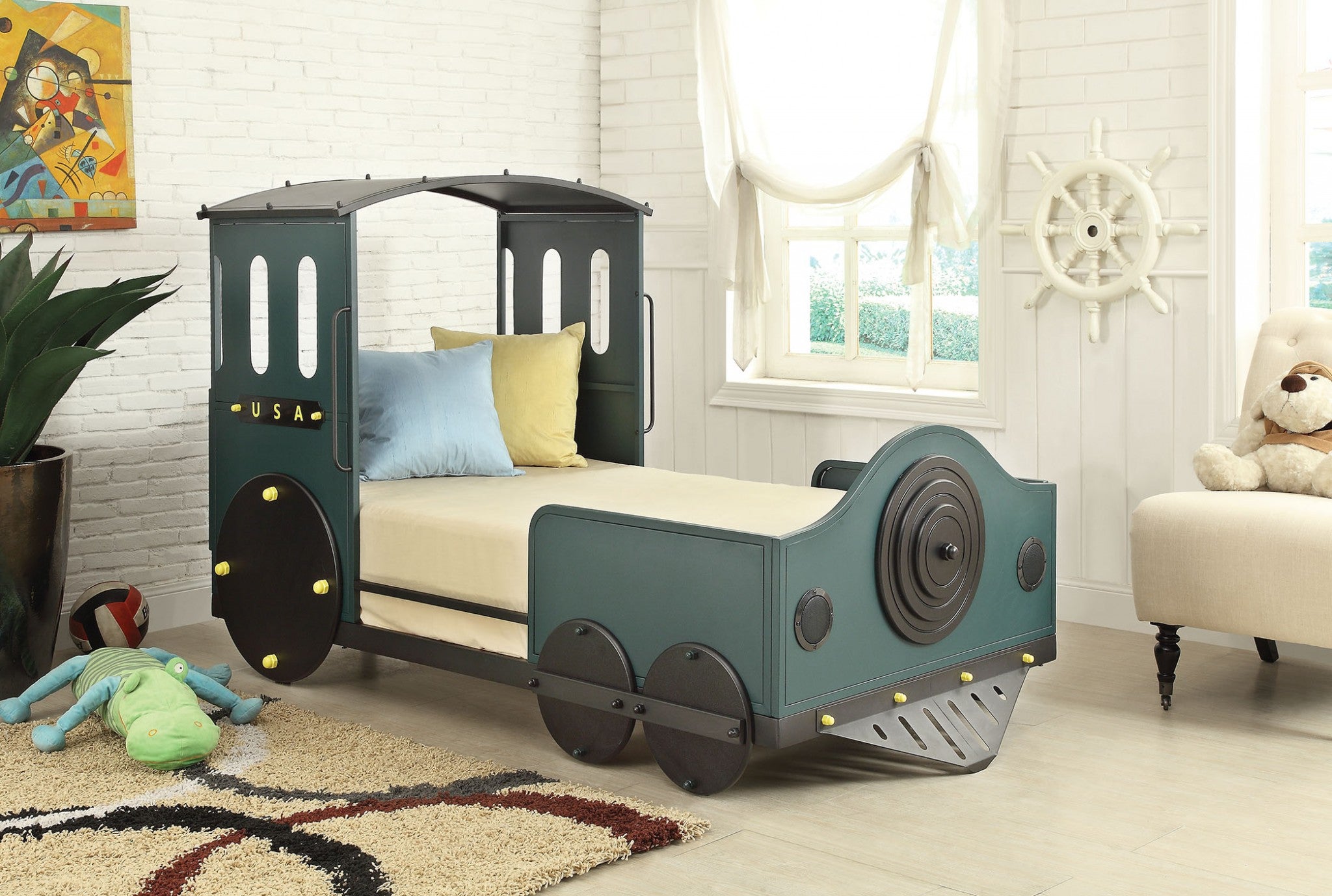 Twin Bed, Green & Black Train - Metal, MDF, PVC, 25kg FR  Green & Black Train Default Title
