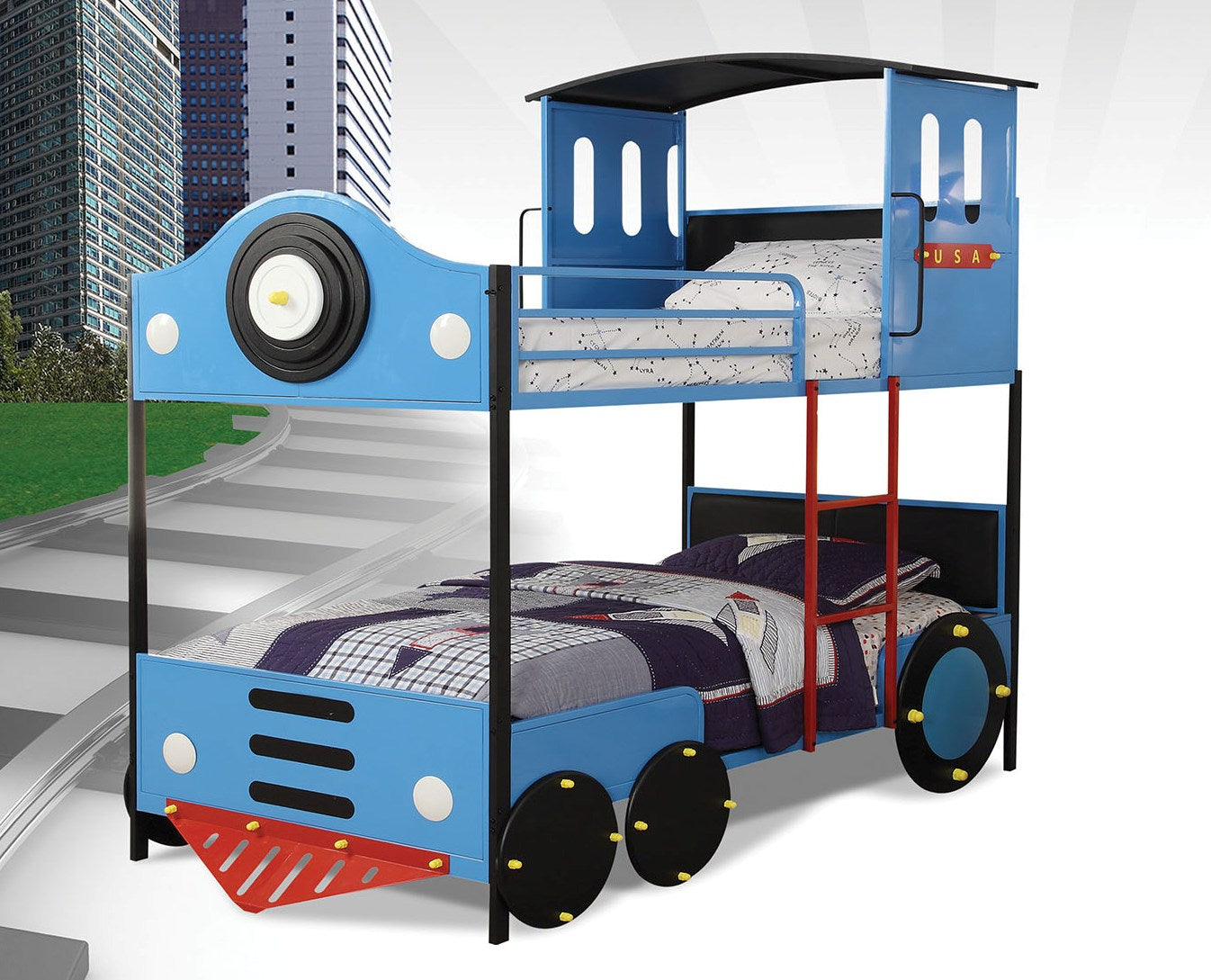 Twin/Twin Bunk Bed, Blue & Black Train - Metal Tube (Steel), MDF,  Blue & Black Train